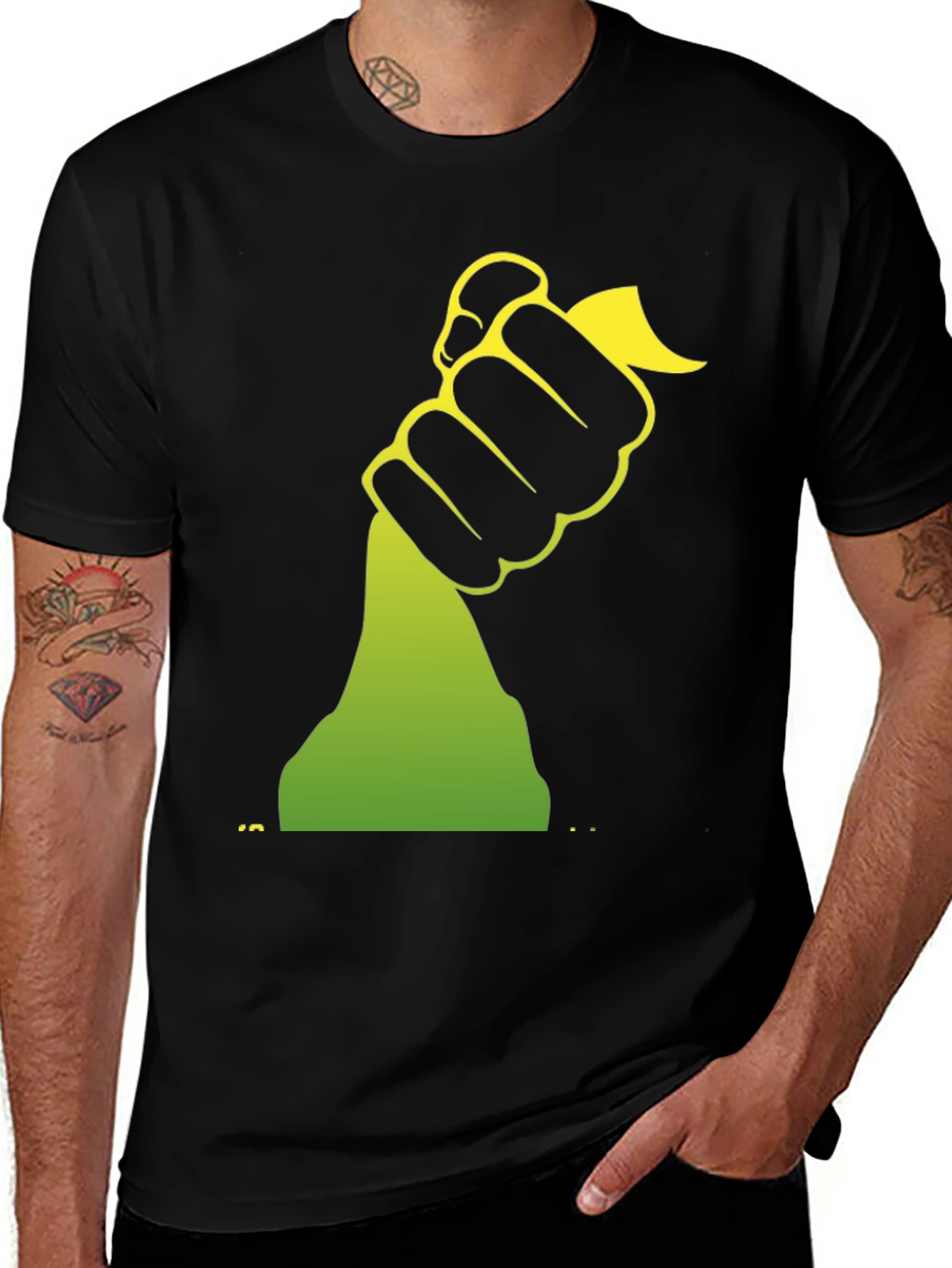 Black Graphic Tee - Hand Holding Green Object