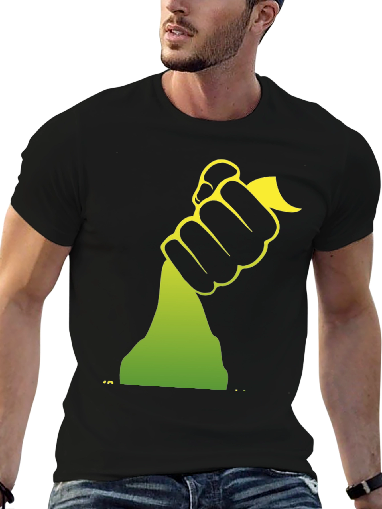 Black Graphic Tee - Hand Holding Green Object