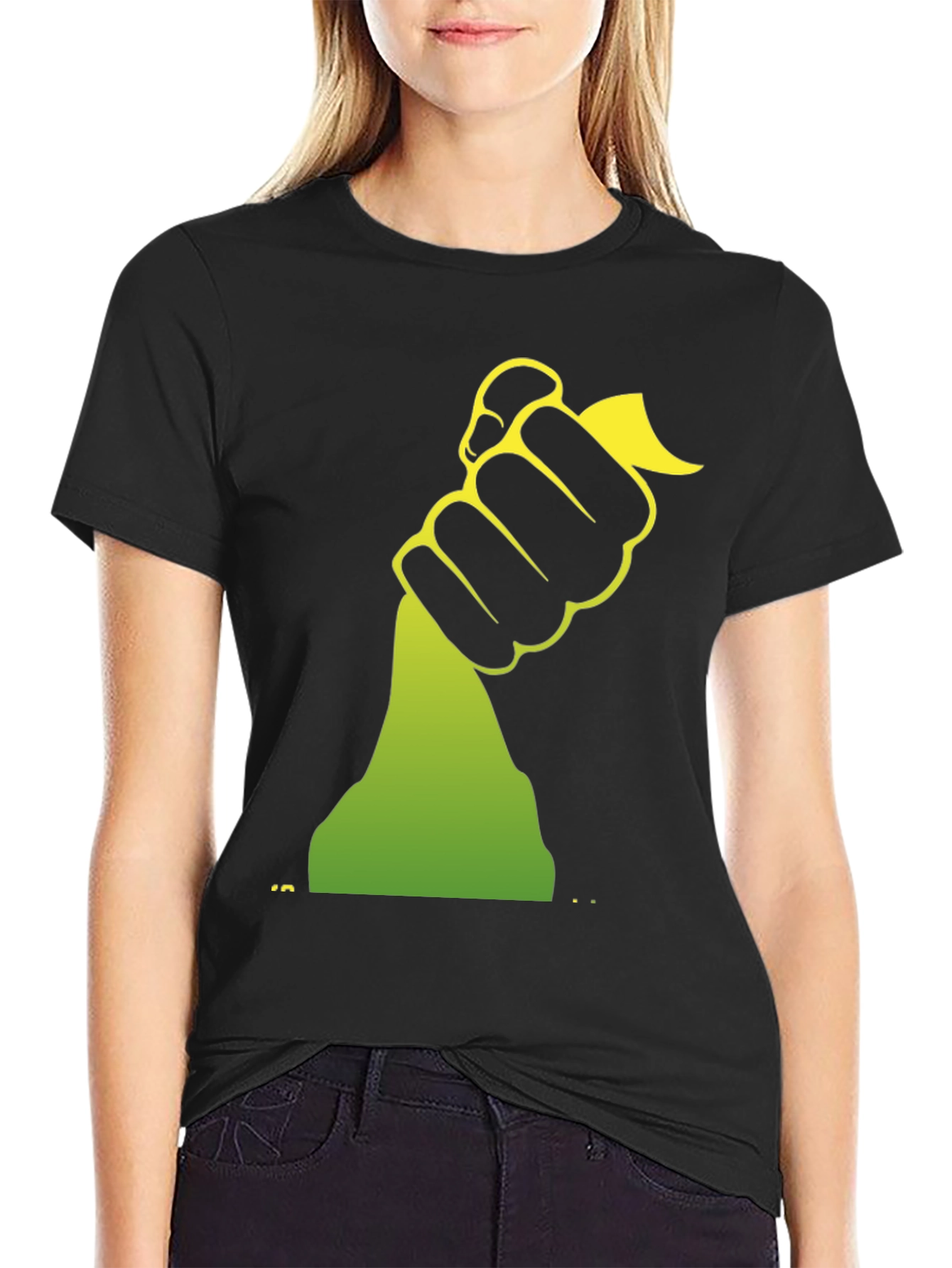 Black Graphic Tee - Hand Holding Green Object