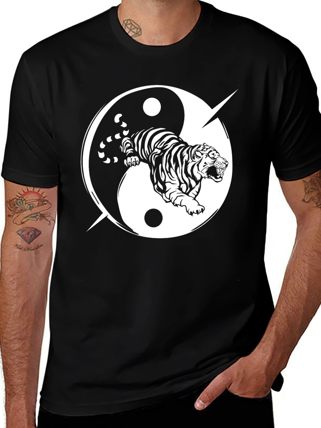 Yin Yang Tiger Graphic Tee - Black Cotton