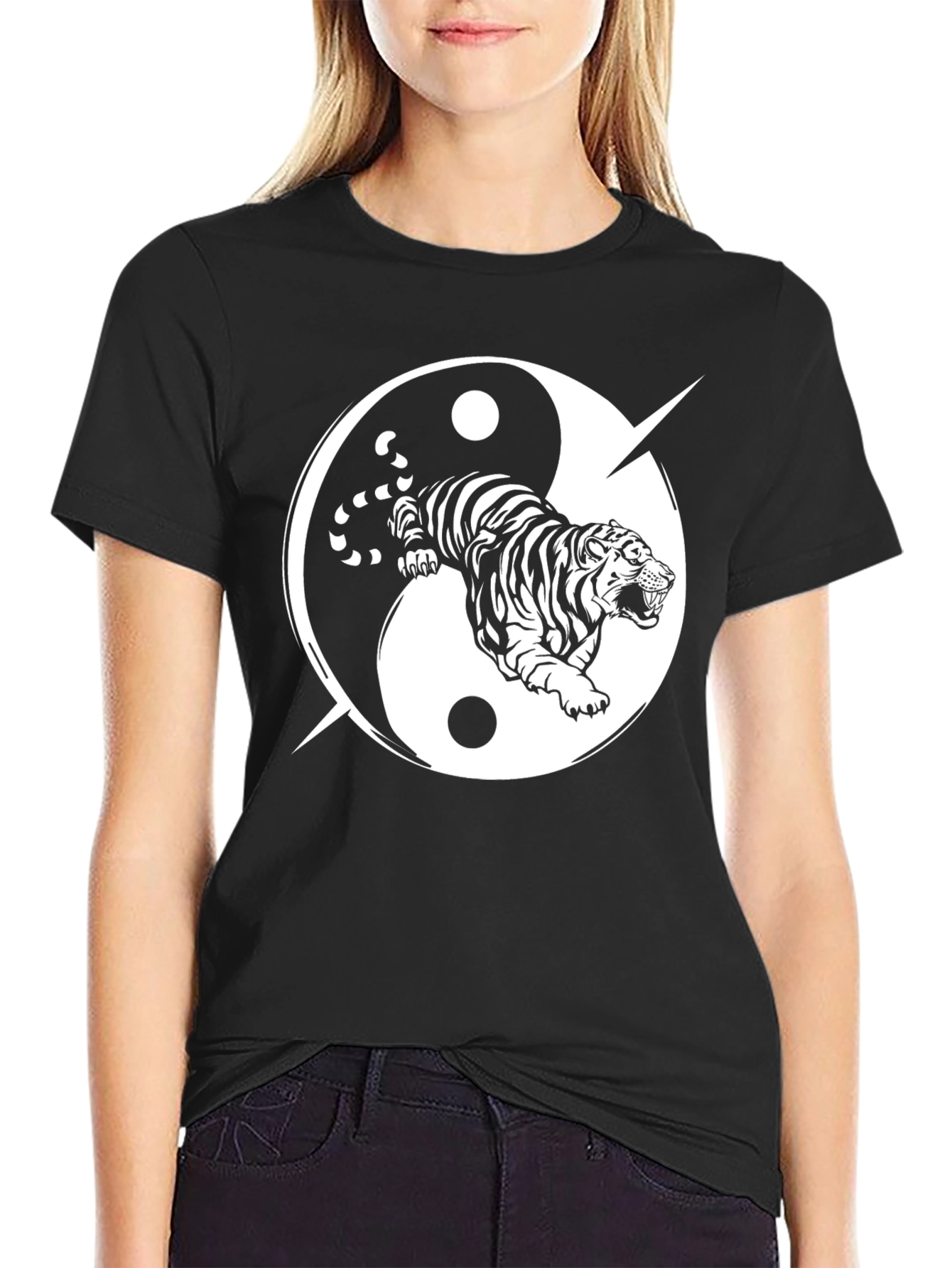 Yin Yang Tiger Graphic Tee - Black Cotton