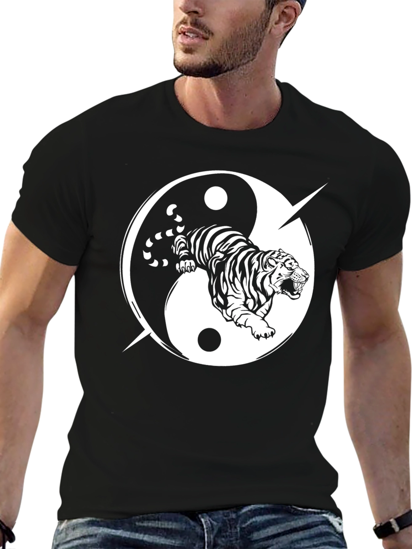 Yin Yang Tiger Graphic Tee - Black Cotton