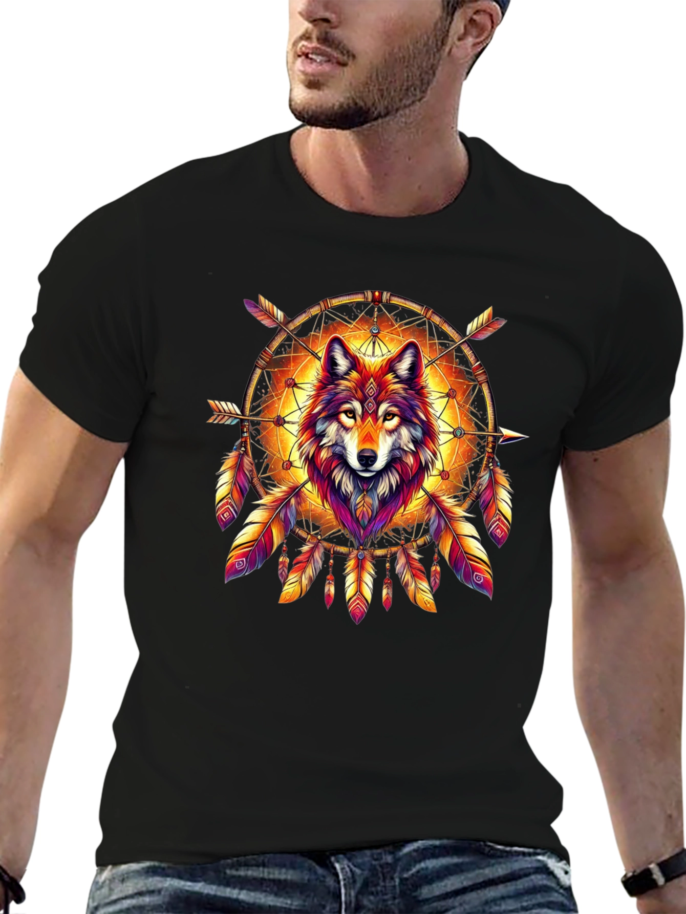 Wolf Dreamcatcher Graphic Tee - Stylish Mens T-Shirt
