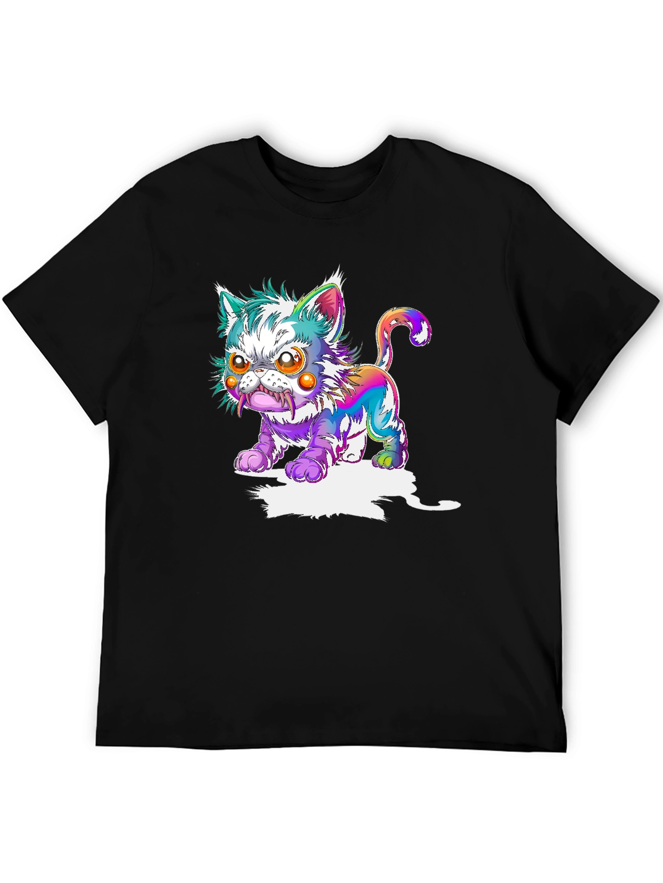 Mens Black T-Shirt with Psychedelic Cat Graphic