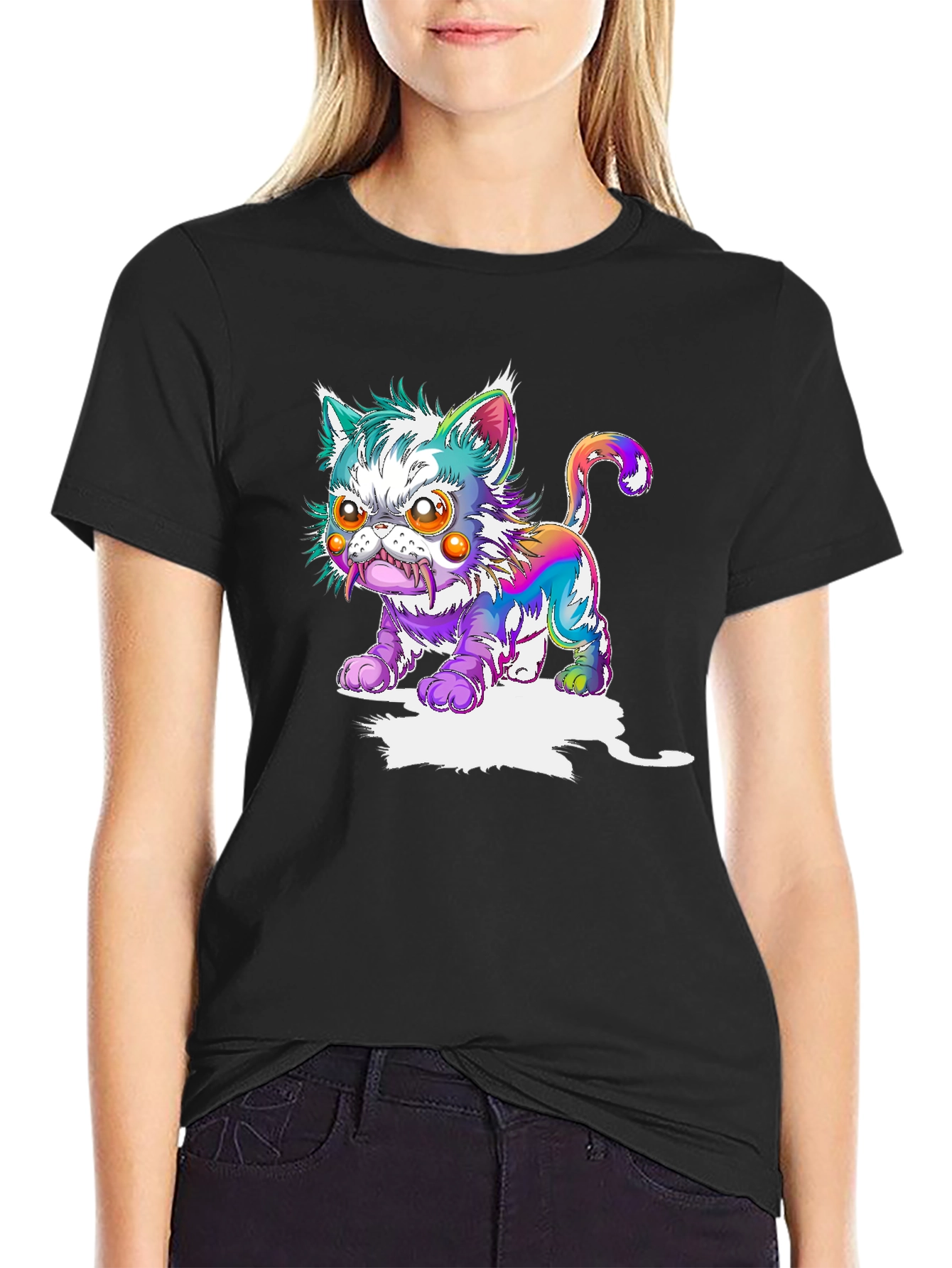 Mens Black T-Shirt with Psychedelic Cat Graphic