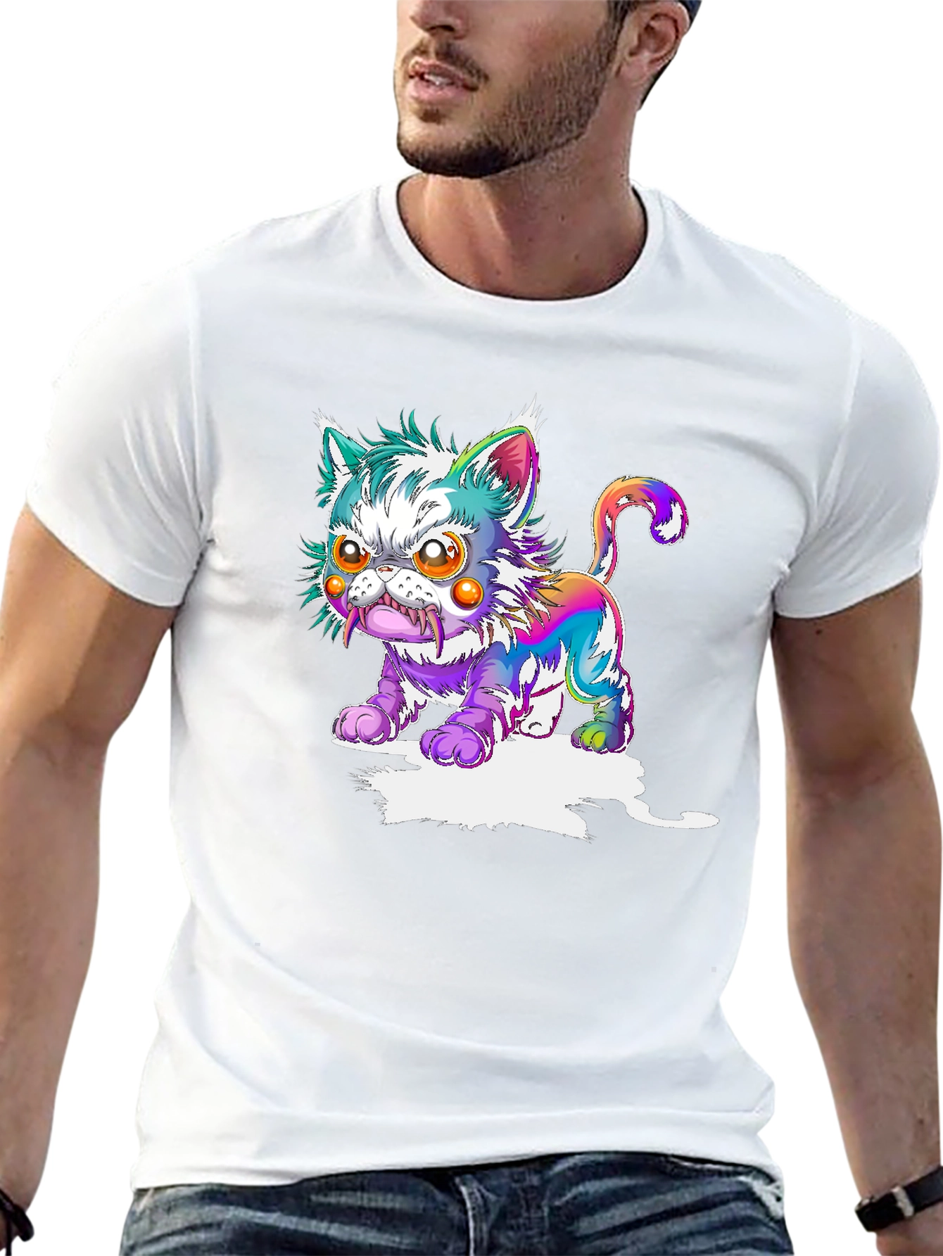 Mens Black T-Shirt with Psychedelic Cat Graphic