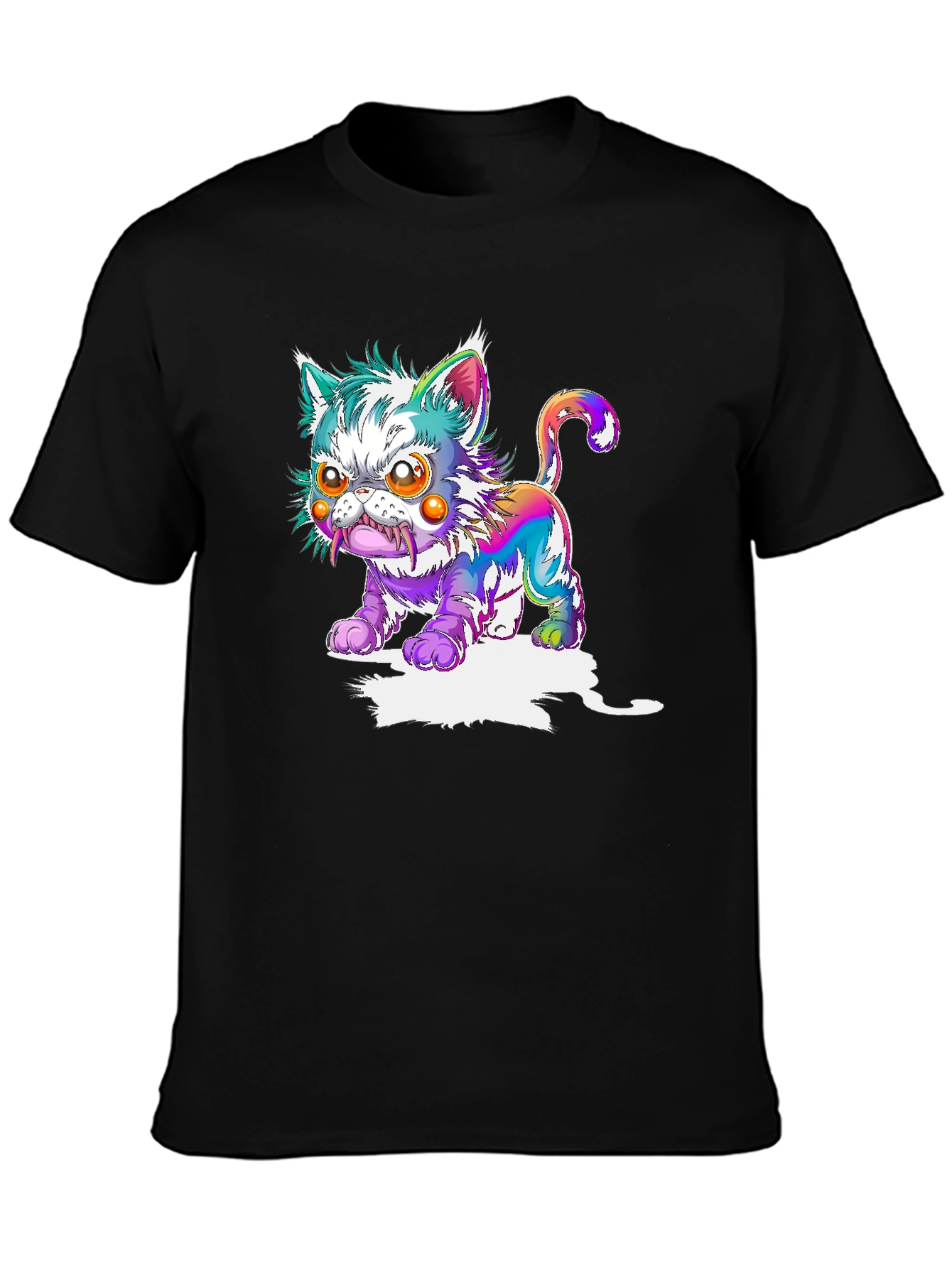Mens Black T-Shirt with Psychedelic Cat Graphic