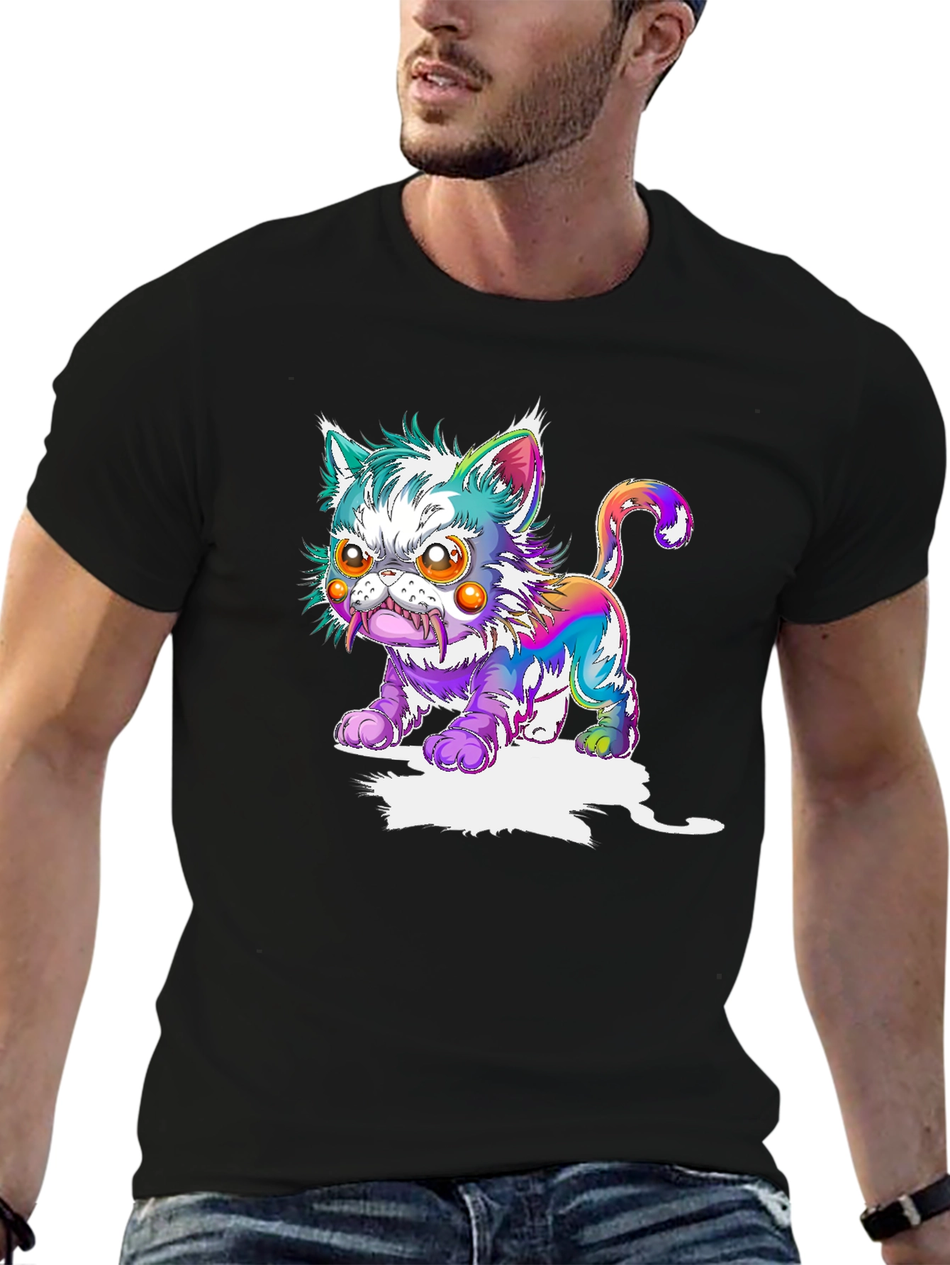 Mens Black T-Shirt with Psychedelic Cat Graphic