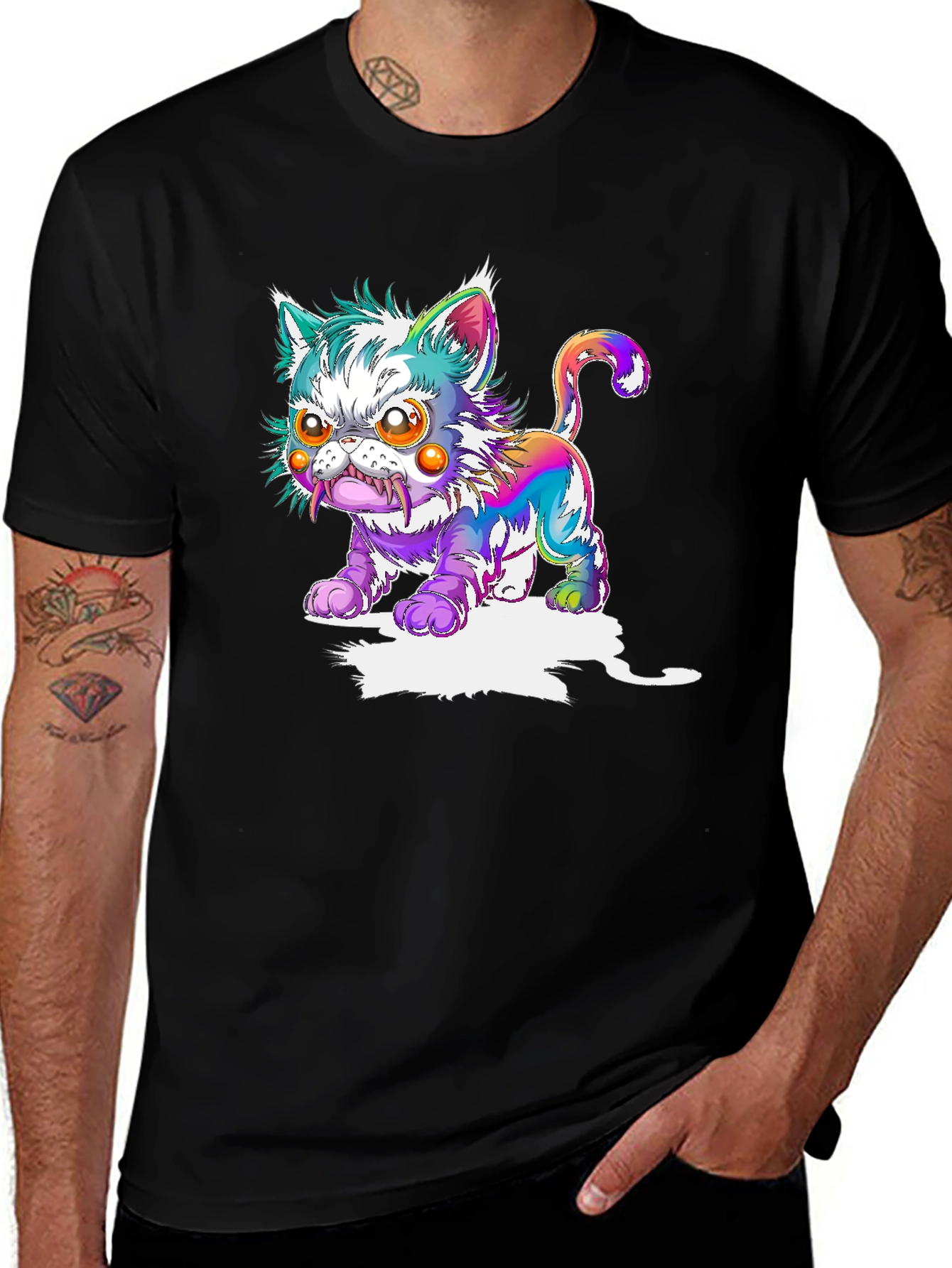 Mens Black T-Shirt with Psychedelic Cat Graphic