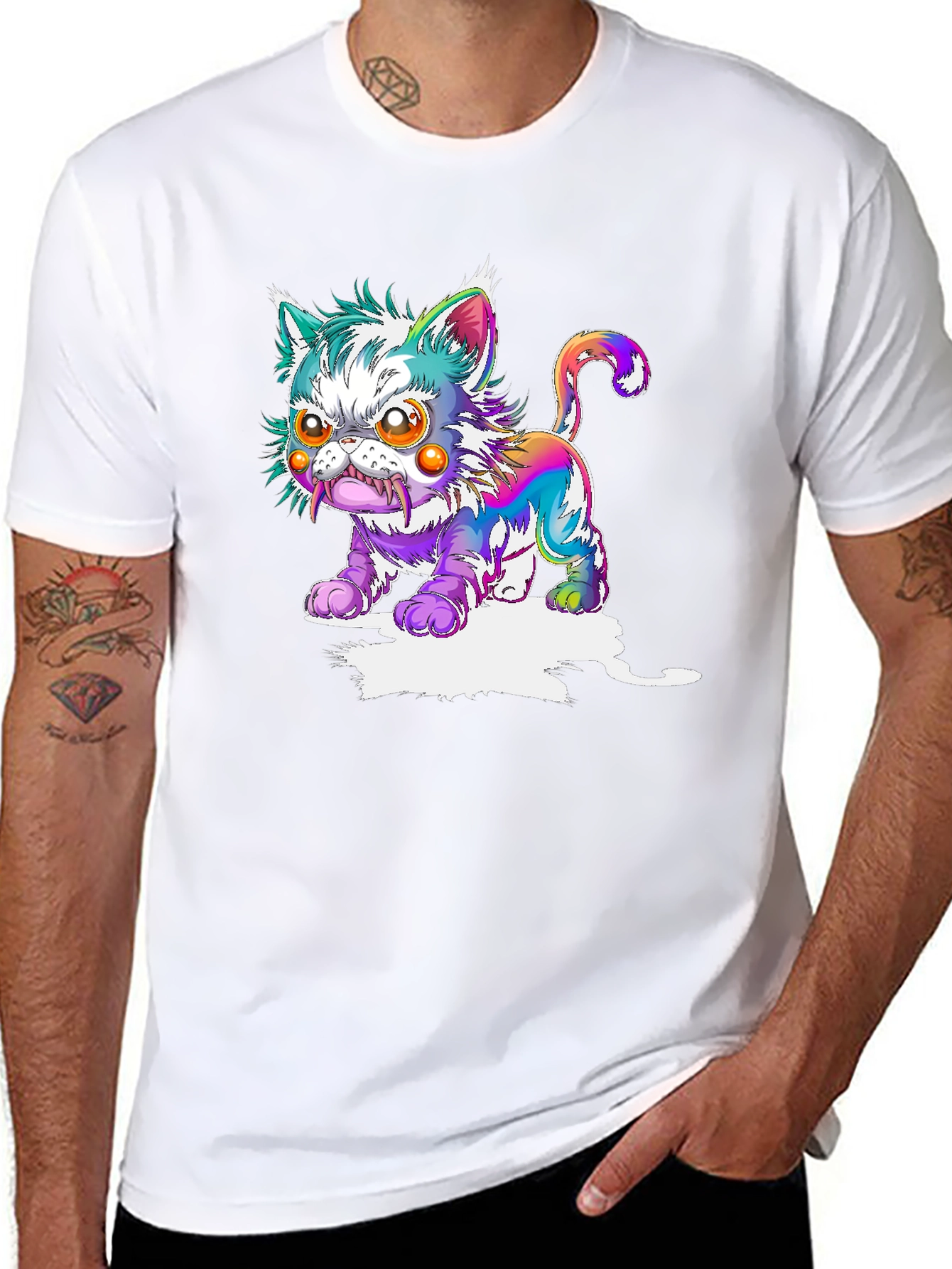 Mens Black T-Shirt with Psychedelic Cat Graphic