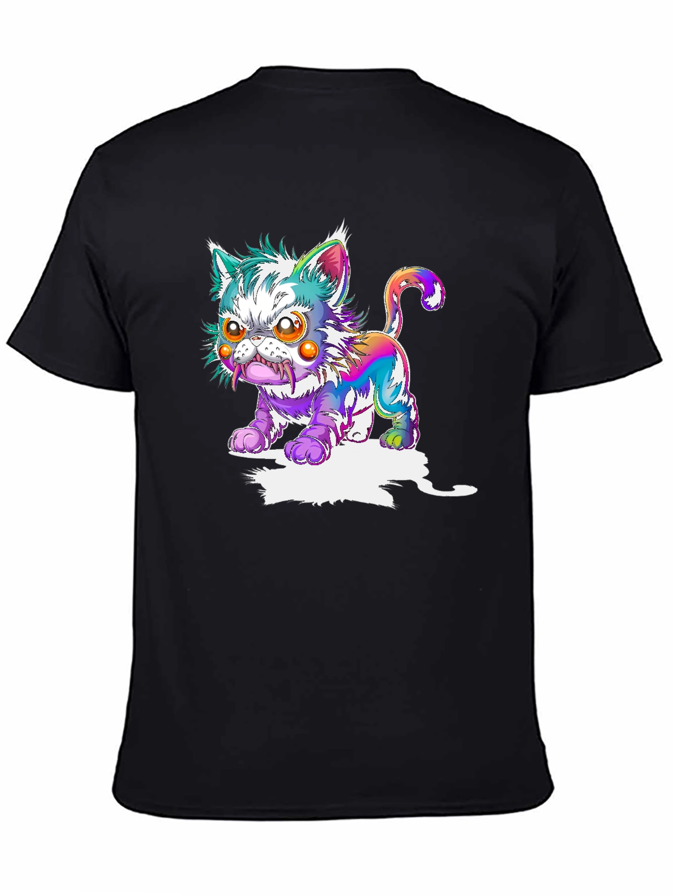 Mens Black T-Shirt with Psychedelic Cat Graphic