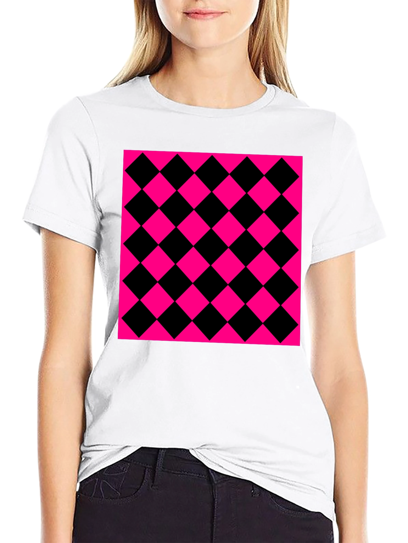 Bold Checkerboard Graphic Tee - Black & Pink