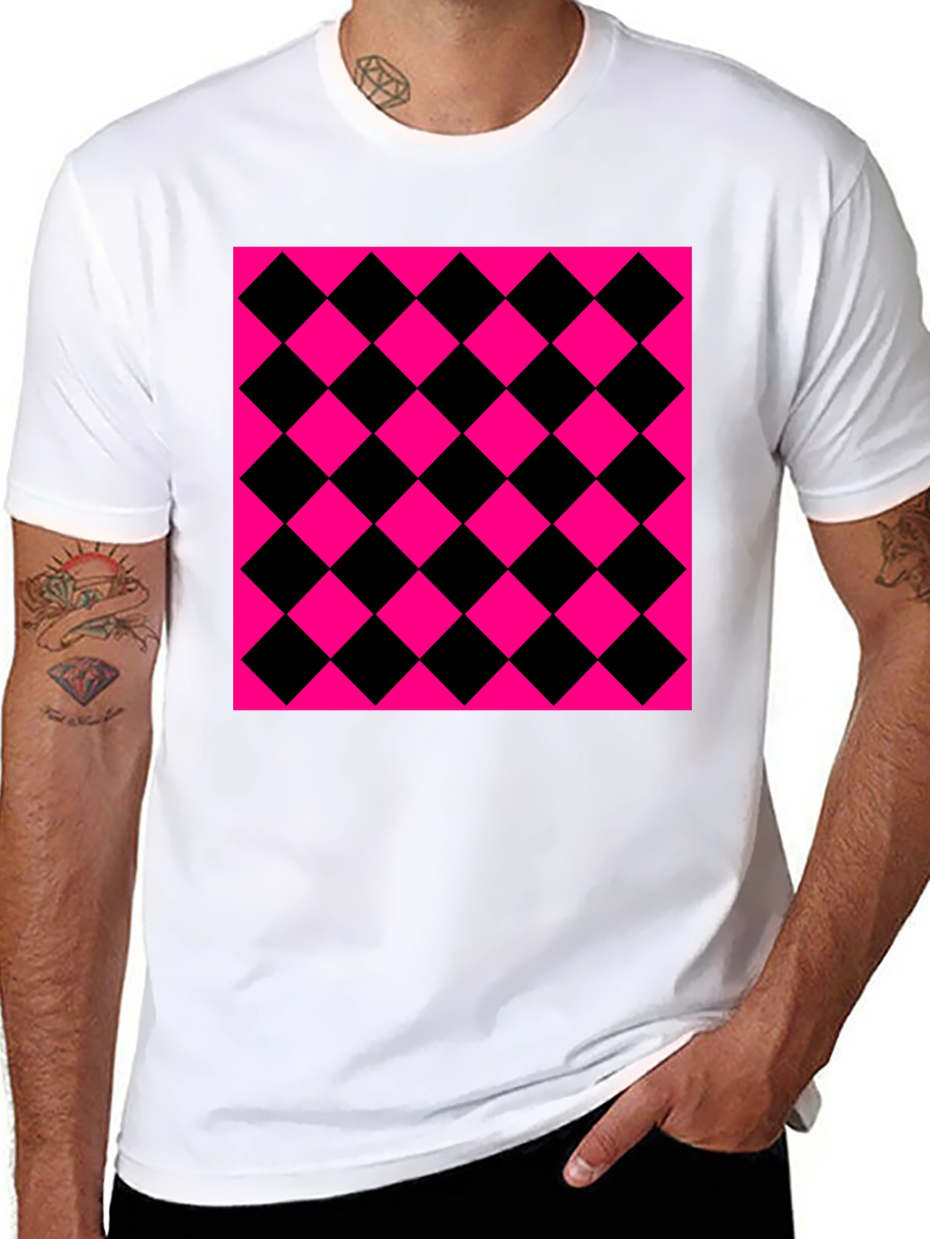 Bold Checkerboard Graphic Tee - Black & Pink