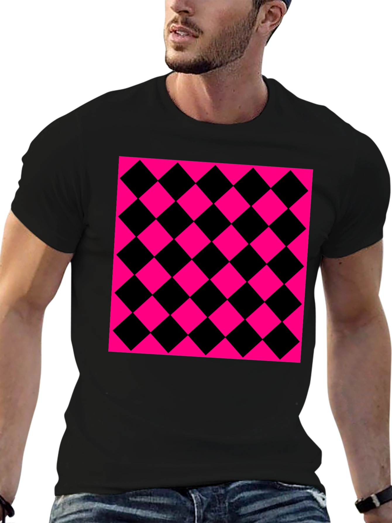 Bold Checkerboard Graphic Tee - Black & Pink