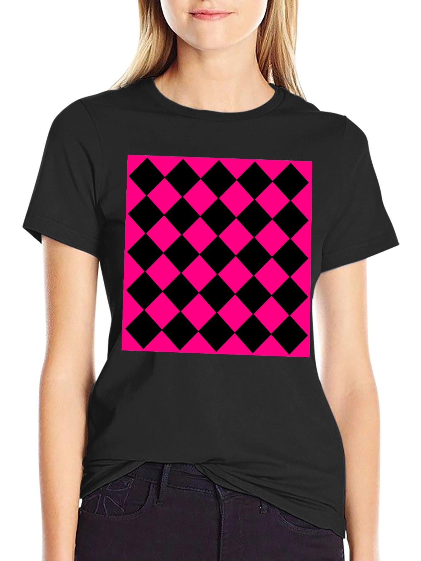 Bold Checkerboard Graphic Tee - Black & Pink