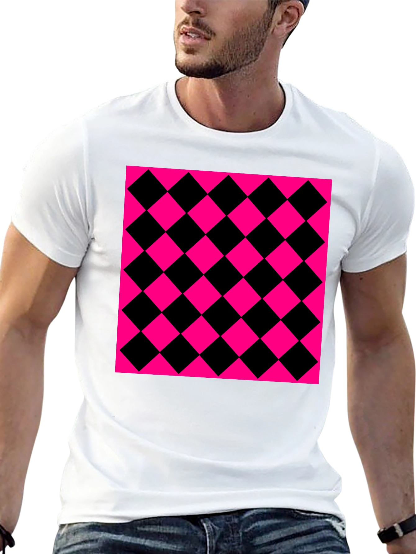 Bold Checkerboard Graphic Tee - Black & Pink