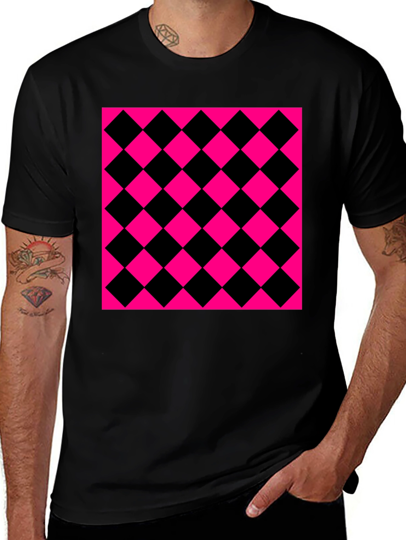 Bold Checkerboard Graphic Tee - Black & Pink