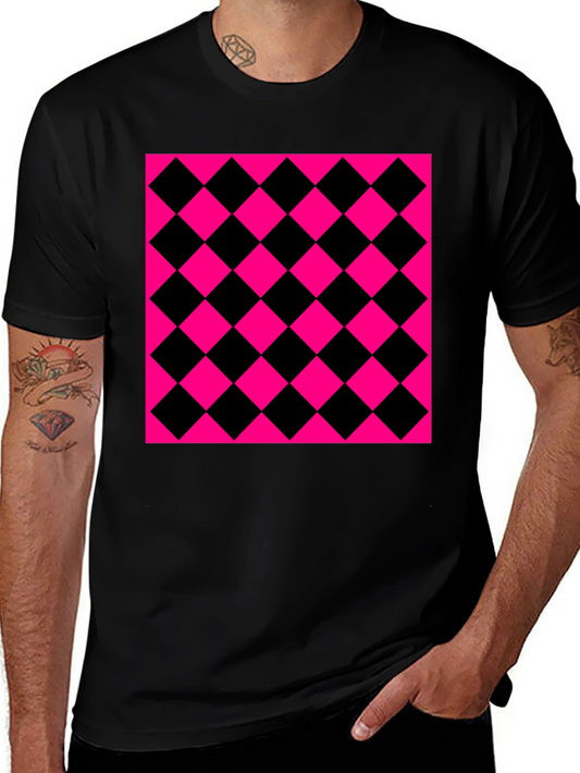 Bold Checkerboard Graphic Tee - Black & Pink