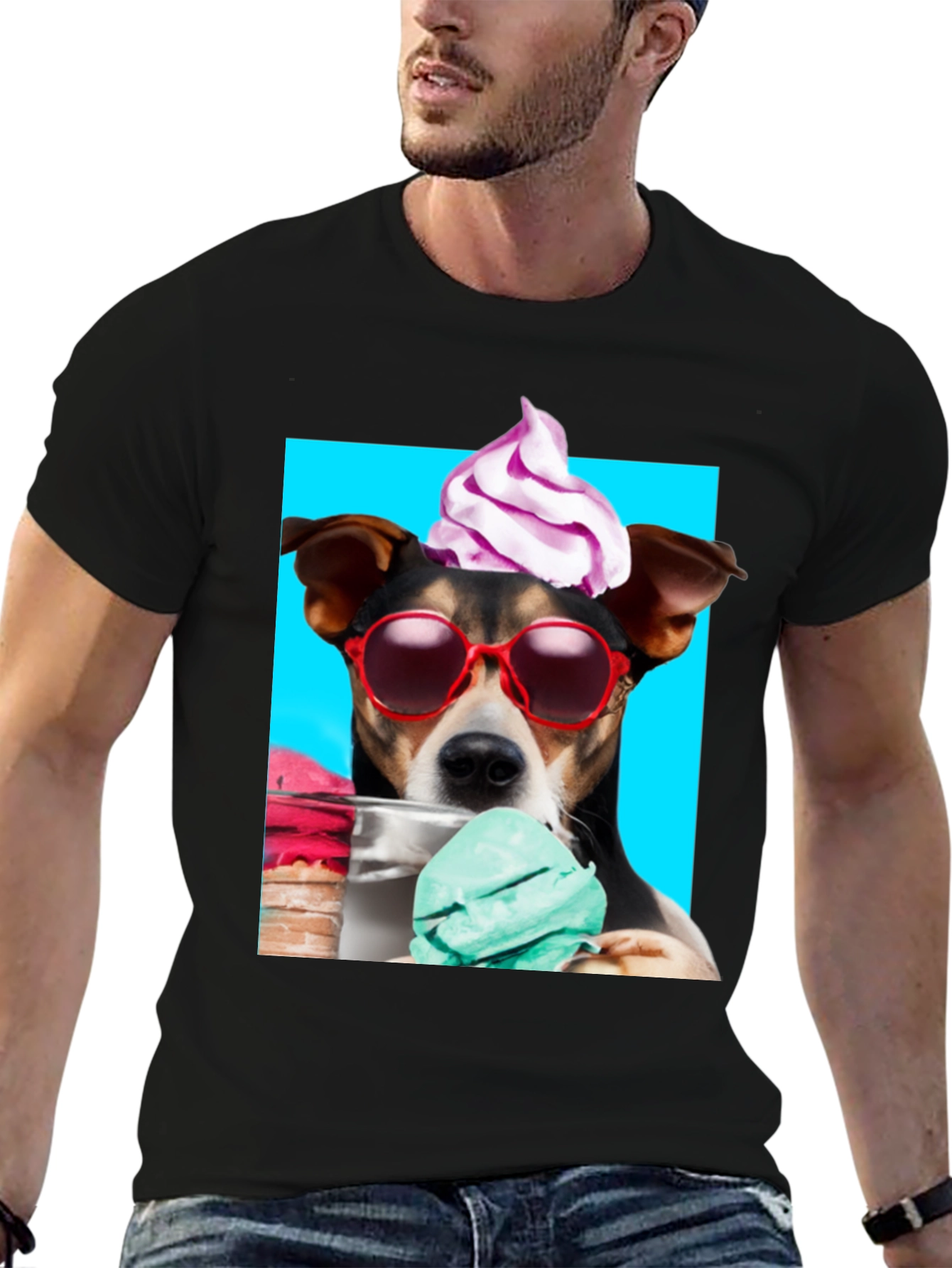 Dog with Ice Cream Black Graphic Tee