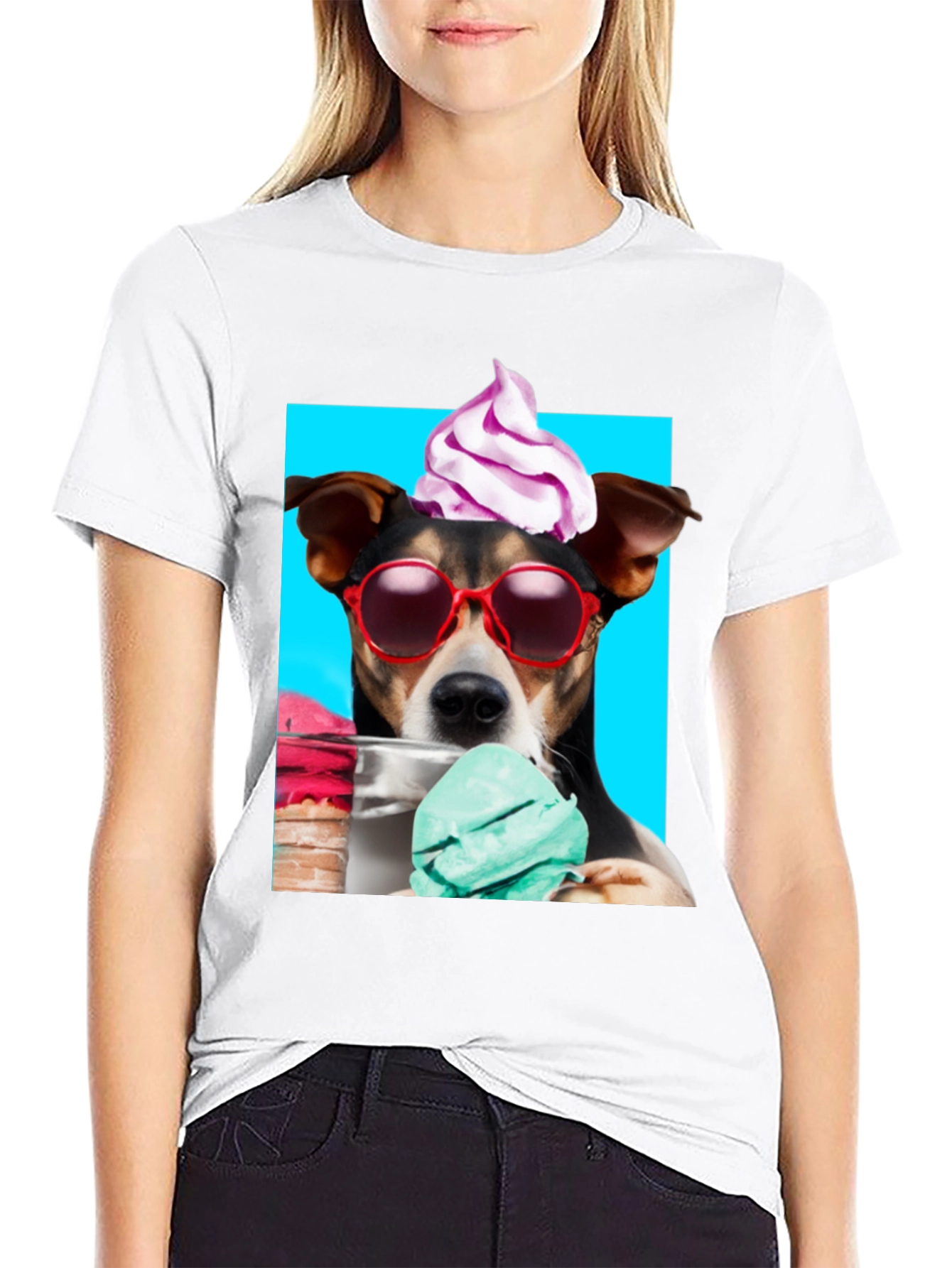Dog with Ice Cream Black Graphic Tee