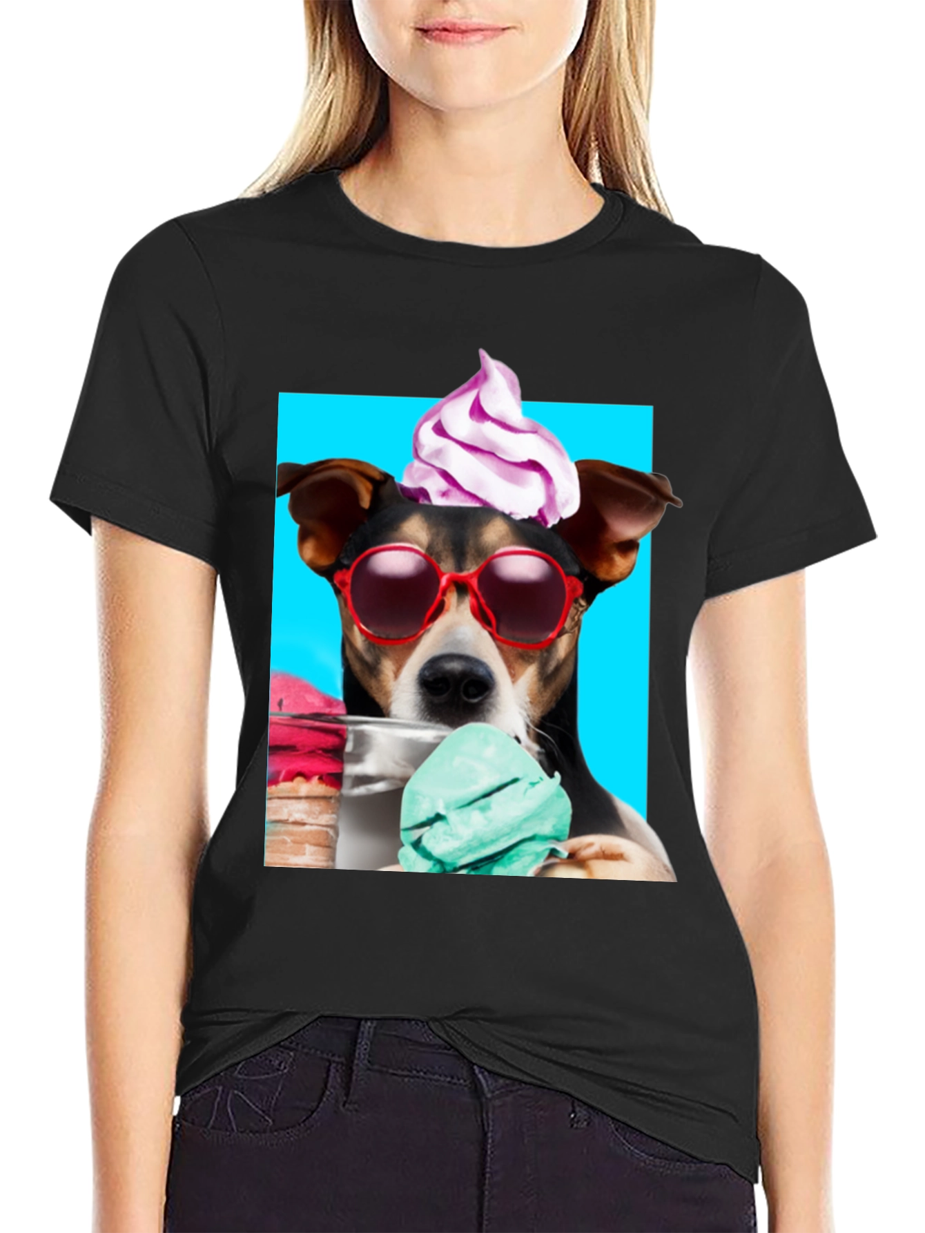 Dog with Ice Cream Black Graphic Tee