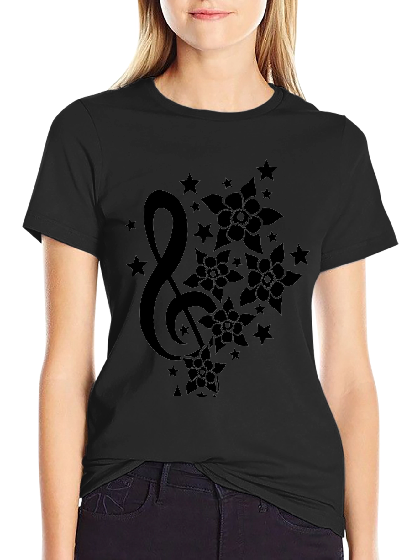 Floral Music T-Shirt - Stylish Black Graphic Tee