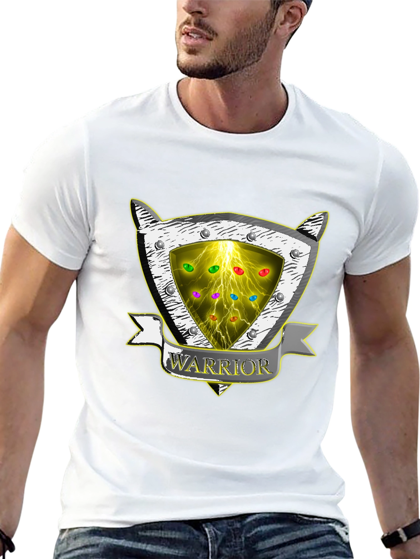 Warrior Shield T-Shirt - Lightning & Gemstone Design