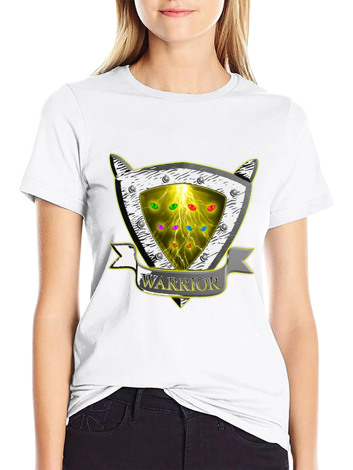 Warrior Shield T-Shirt - Lightning & Gemstone Design