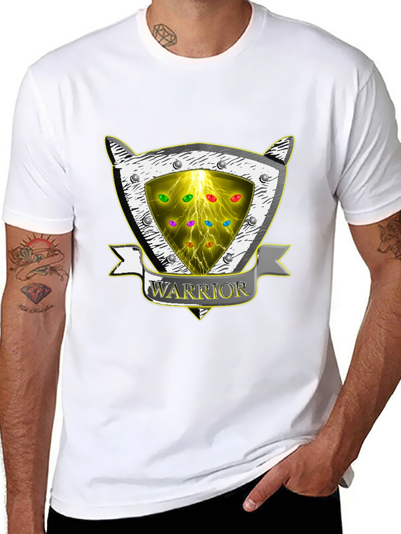 Warrior Shield T-Shirt - Lightning & Gemstone Design