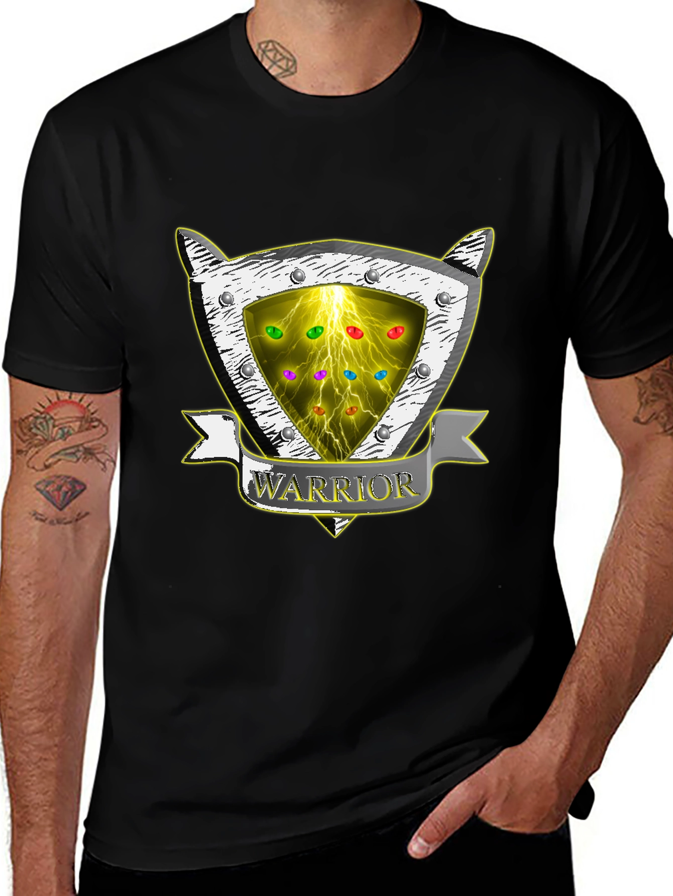 Warrior Shield T-Shirt - Lightning & Gemstone Design
