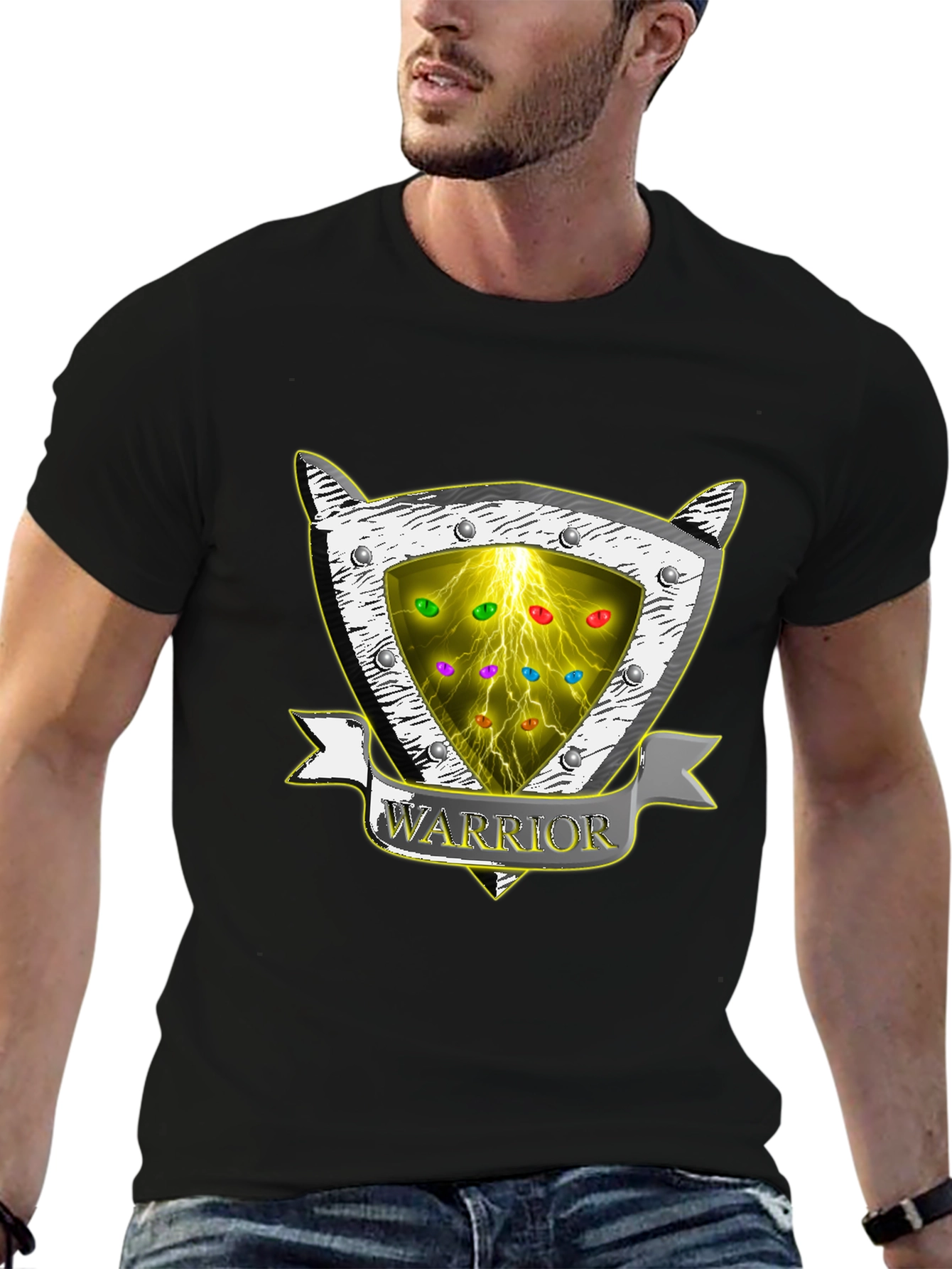 Warrior Shield T-Shirt - Lightning & Gemstone Design