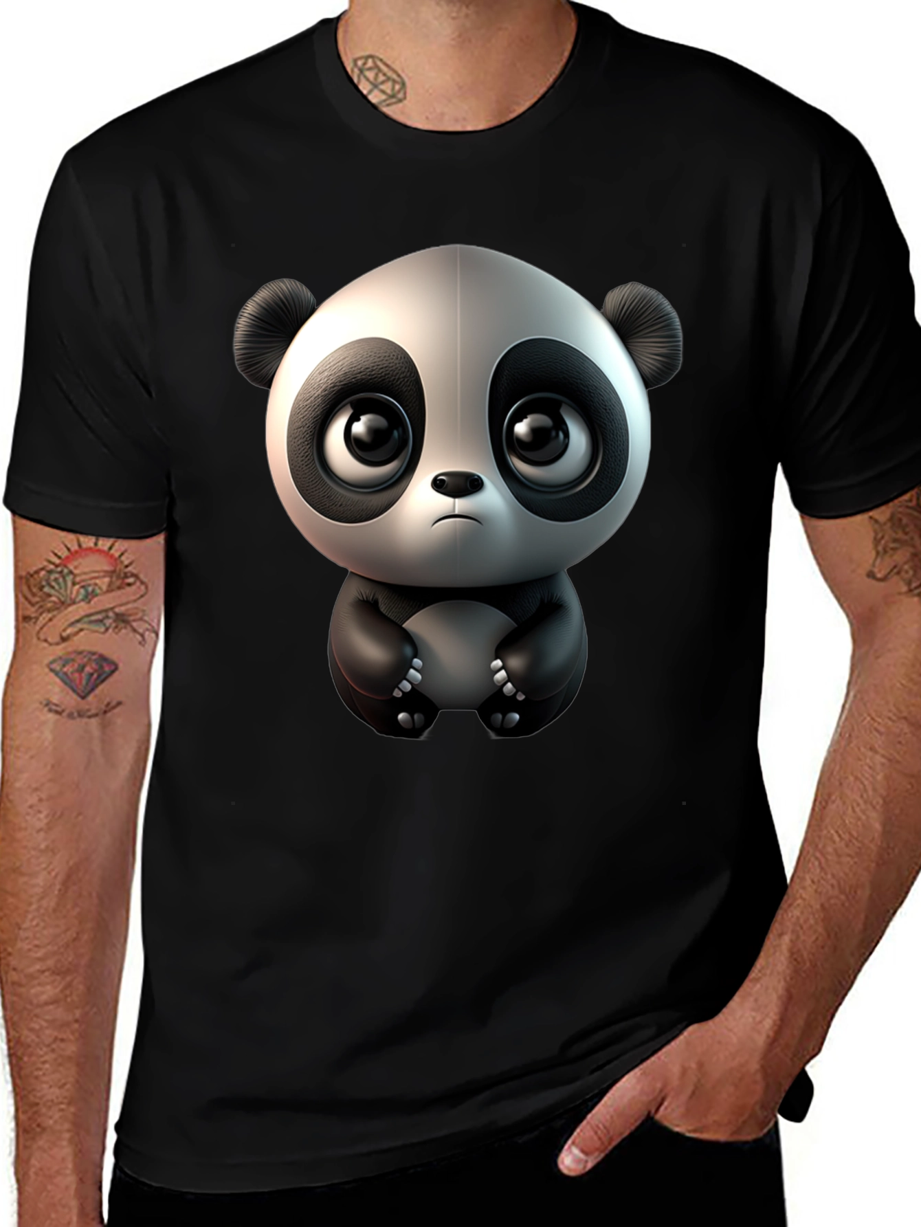 Cute Cartoon Panda Black T-Shirt