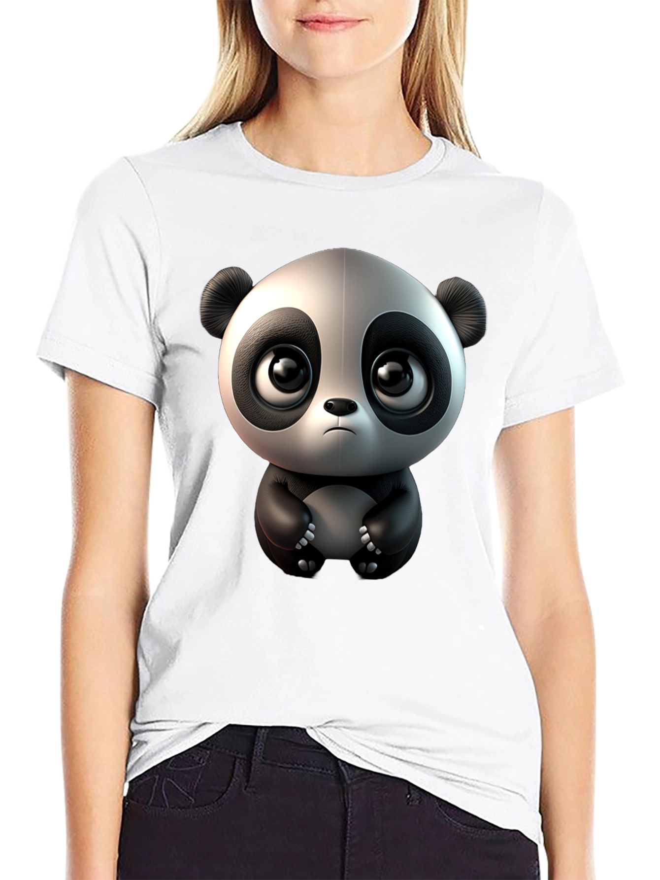 Cute Cartoon Panda Black T-Shirt