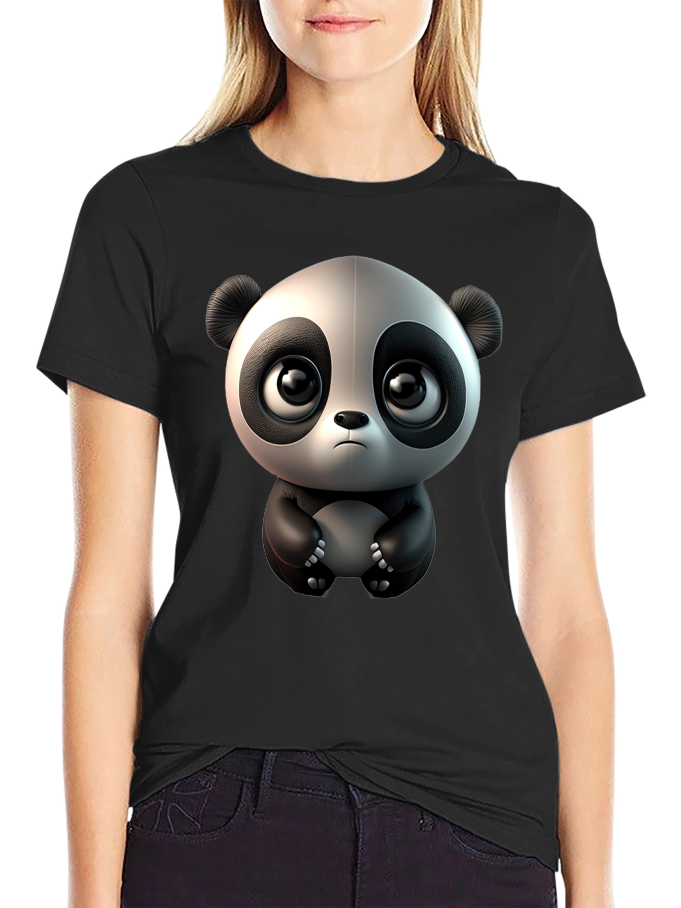 Cute Cartoon Panda Black T-Shirt