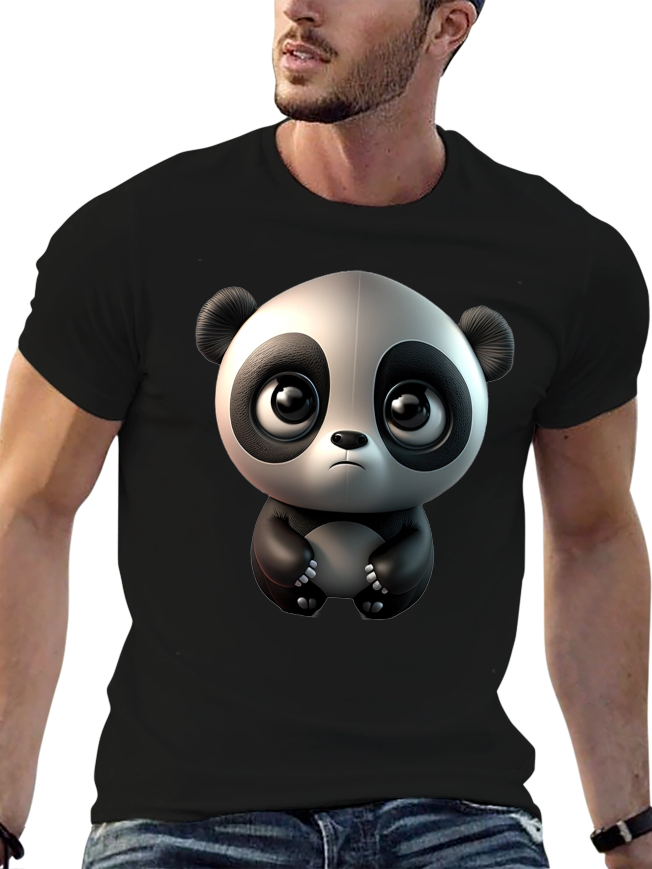 Cute Cartoon Panda Black T-Shirt
