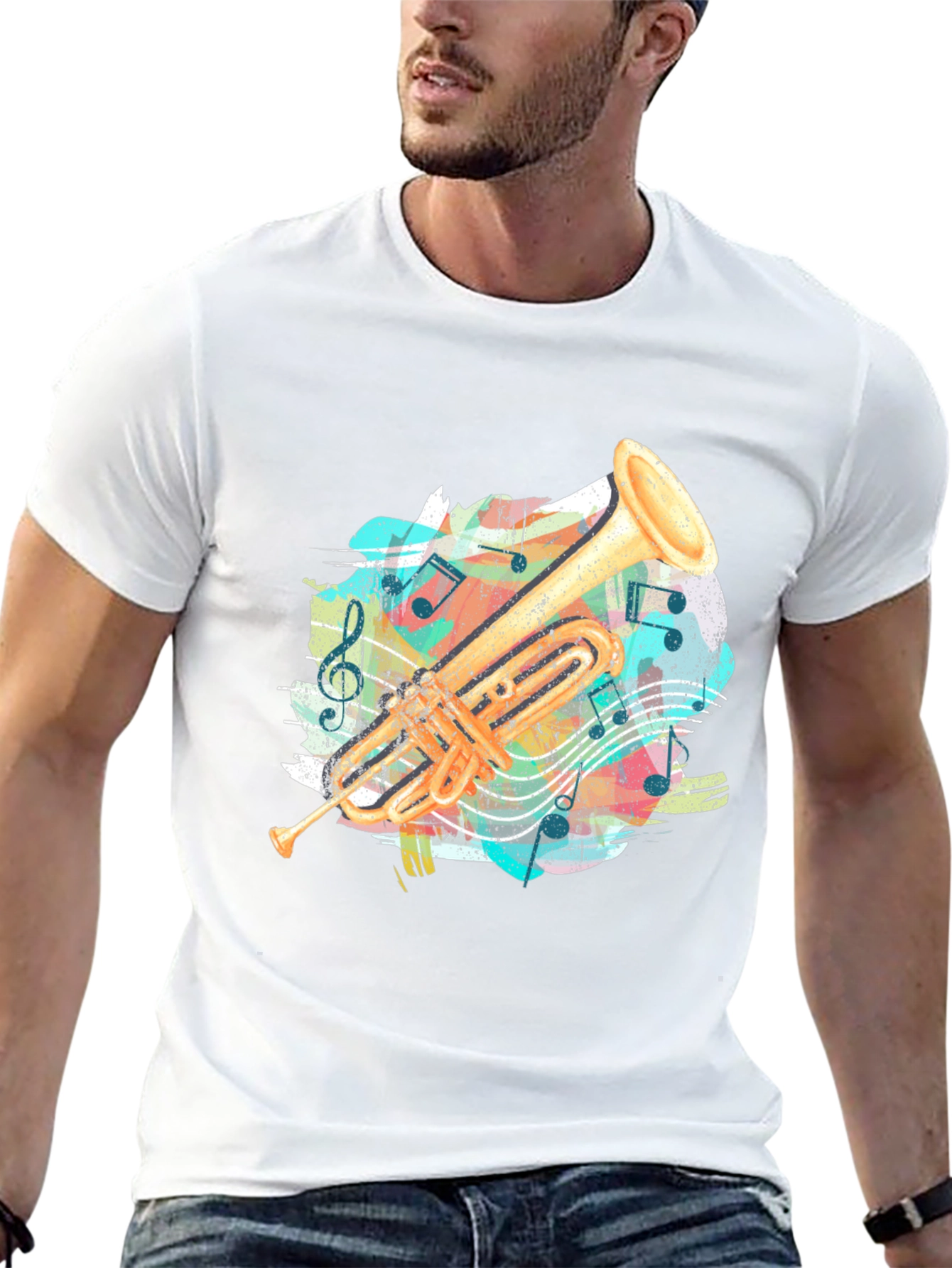Trumpet Music Notes Graphic Tee - Black Cotton Shirt