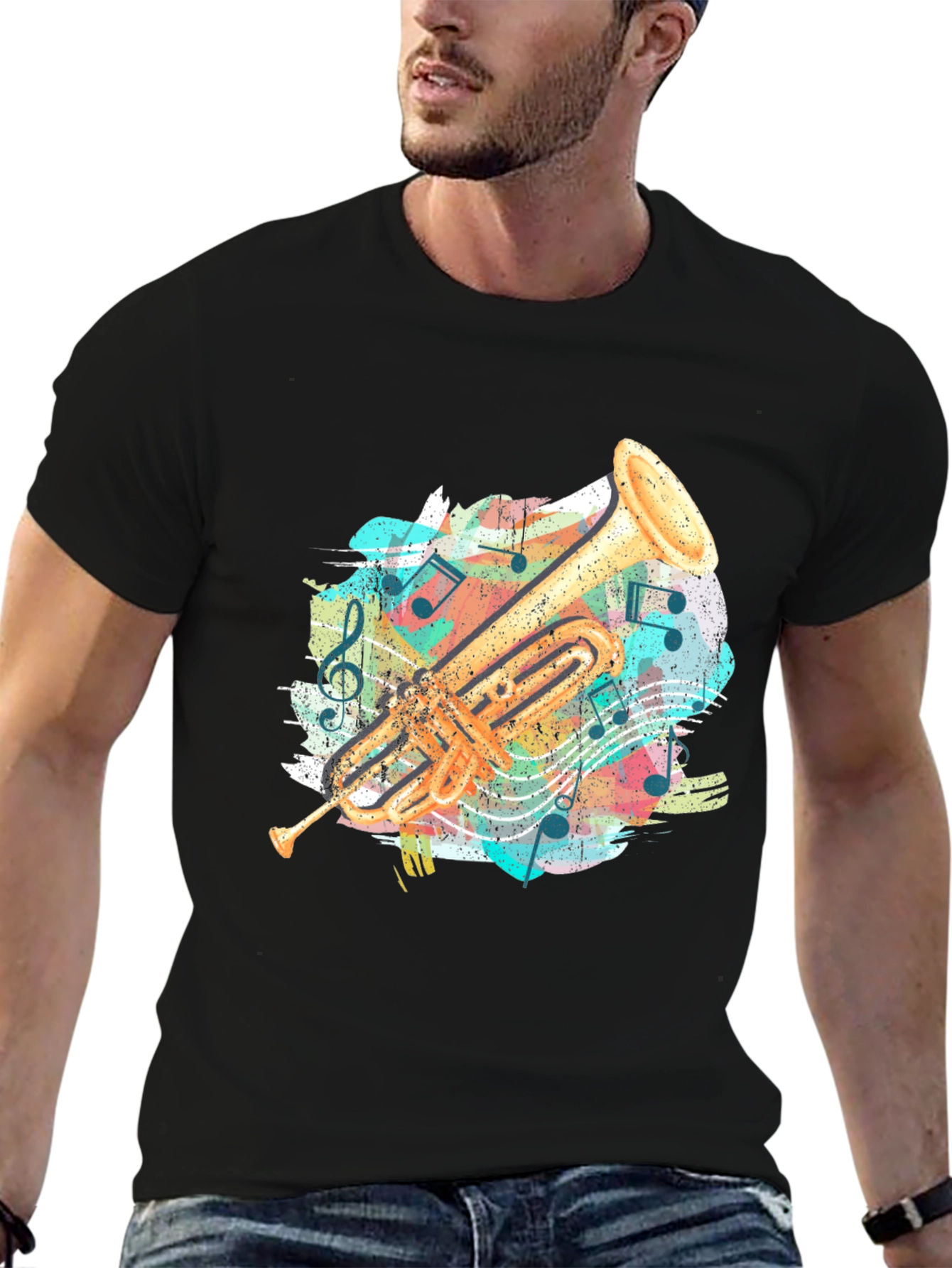 Trumpet Music Notes Graphic Tee - Black Cotton Shirt