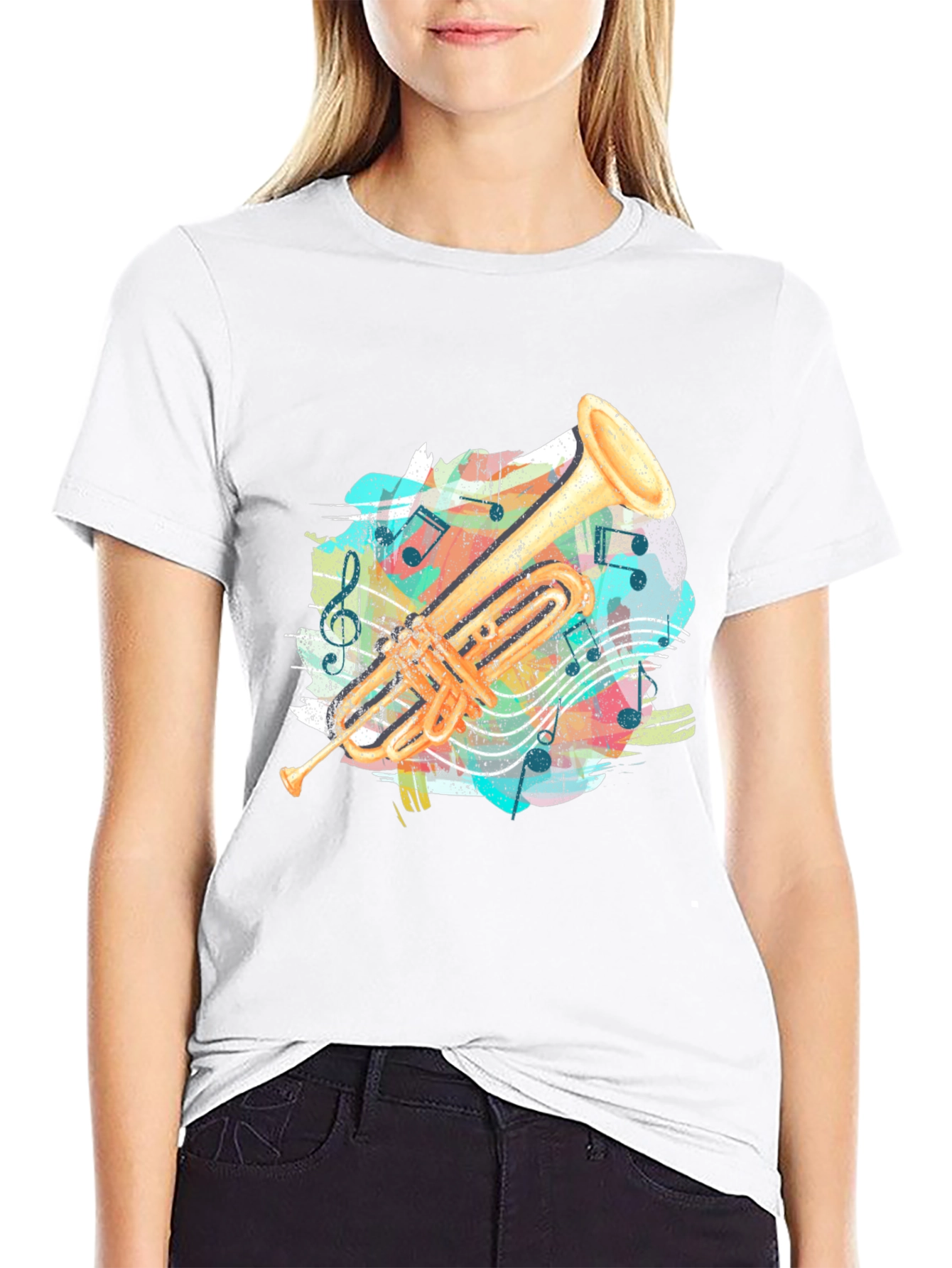 Trumpet Music Notes Graphic Tee - Black Cotton Shirt