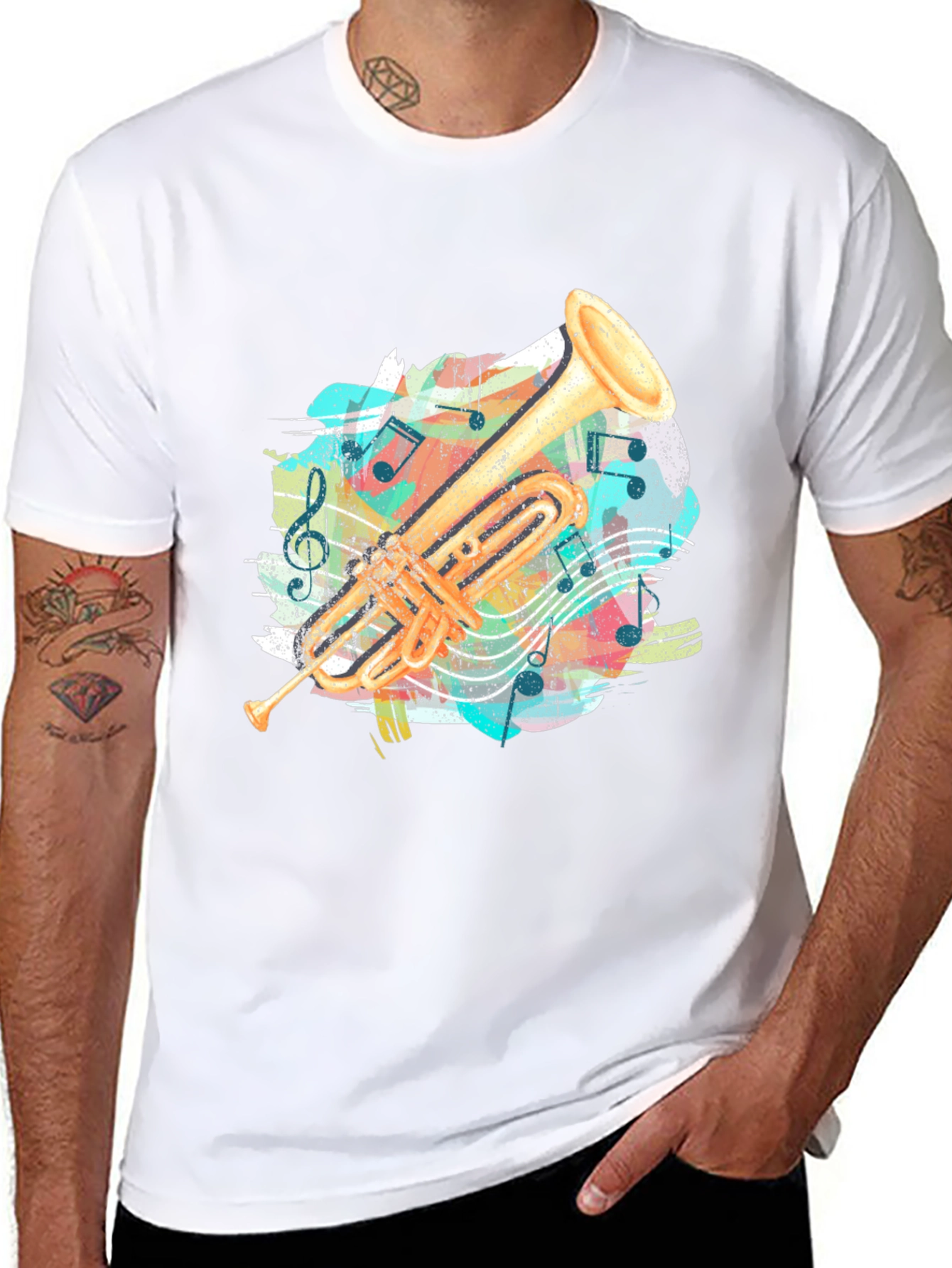 Trumpet Music Notes Graphic Tee - Black Cotton Shirt