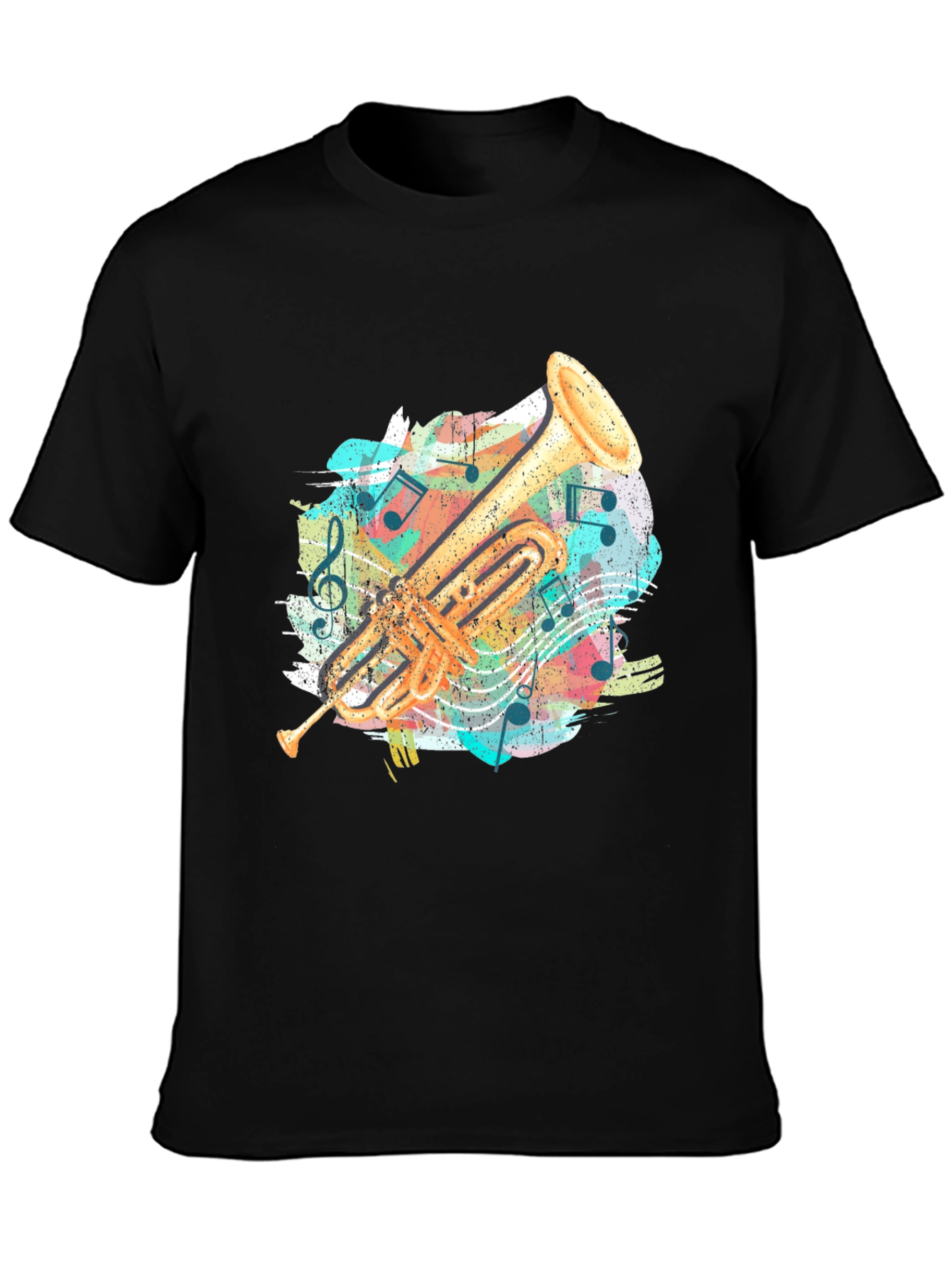Trumpet Music Notes Graphic Tee - Black Cotton Shirt