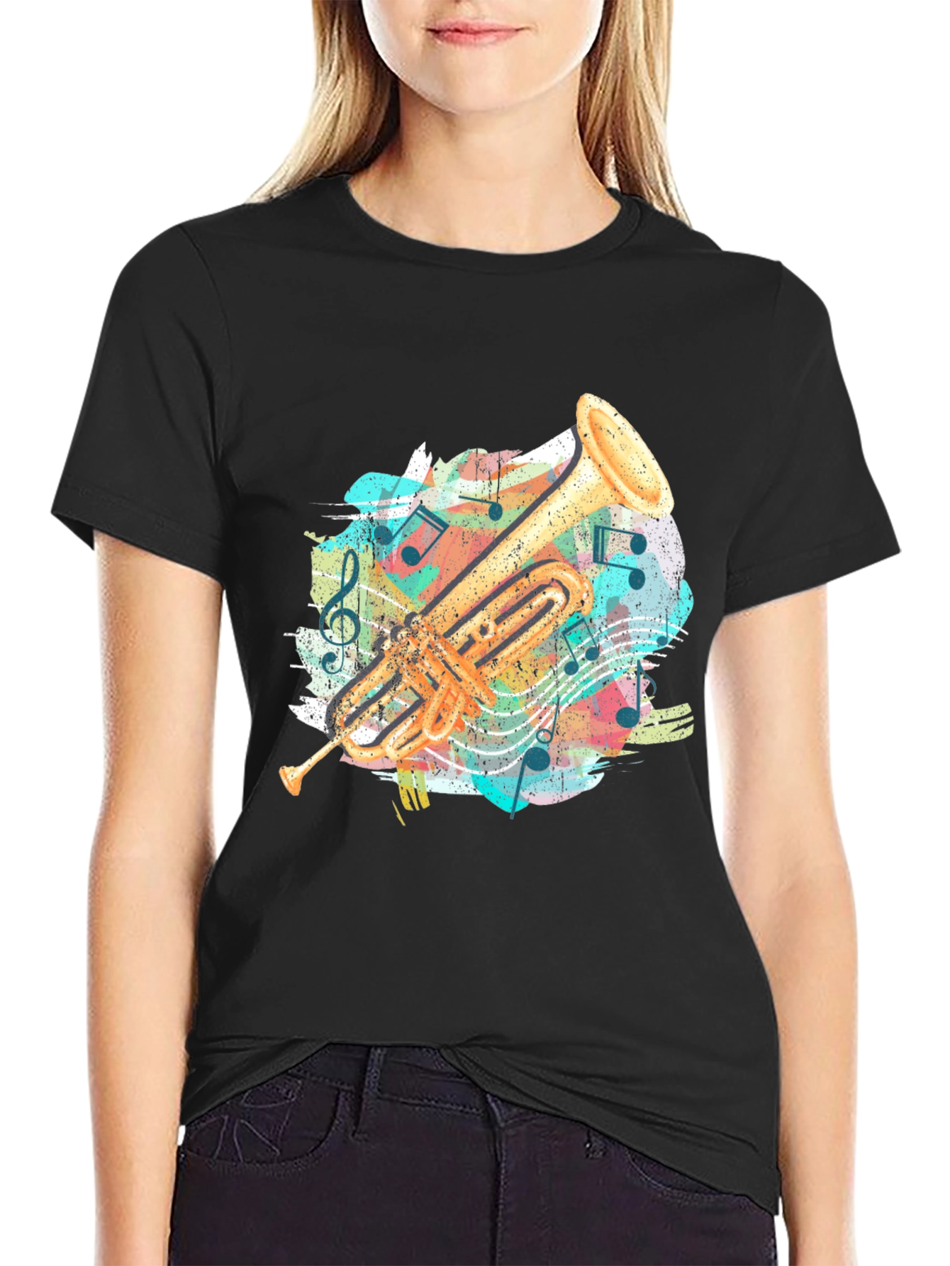 Trumpet Music Notes Graphic Tee - Black Cotton Shirt