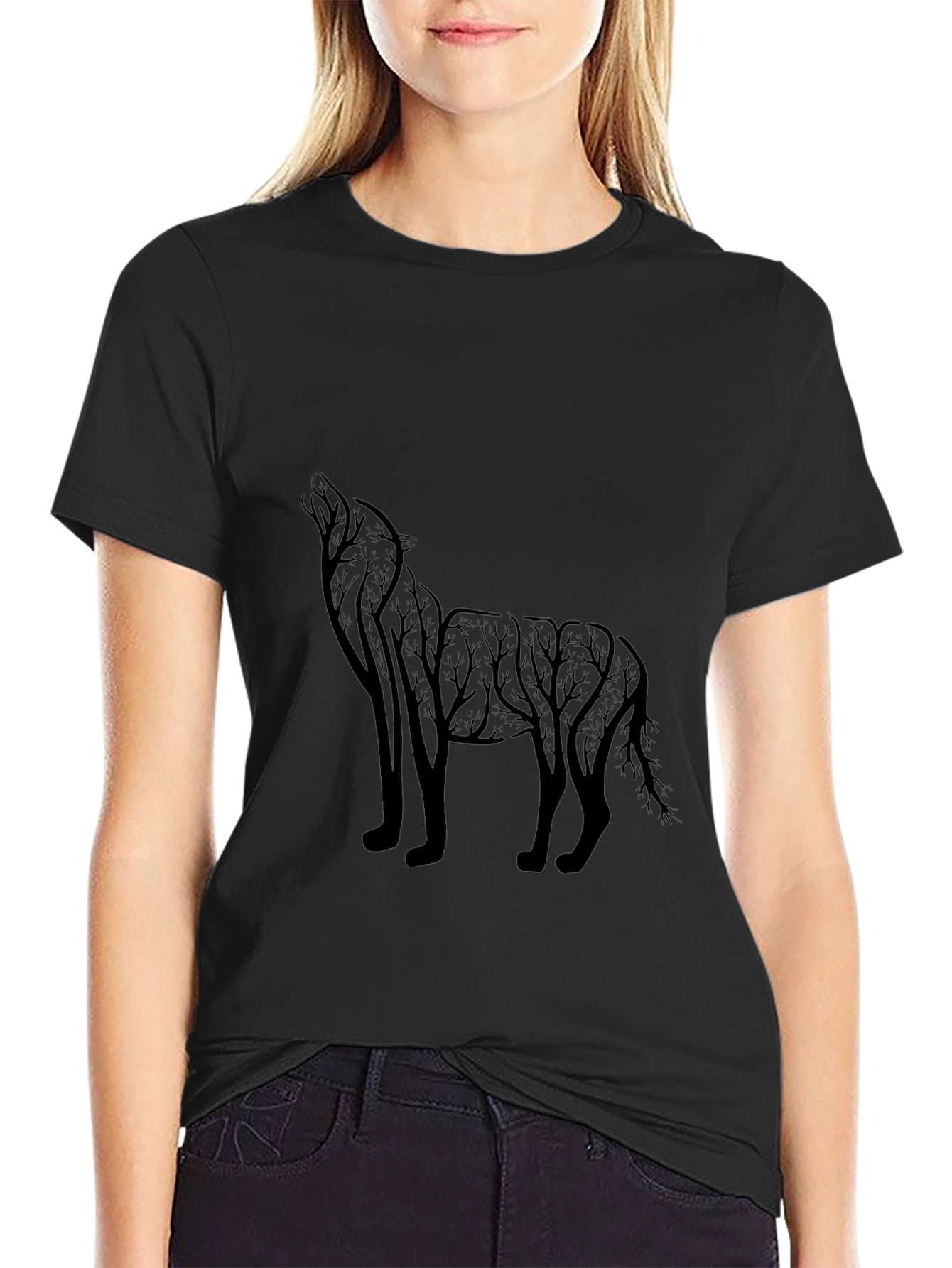 Mens Black Wolf Silhouette Graphic Tee