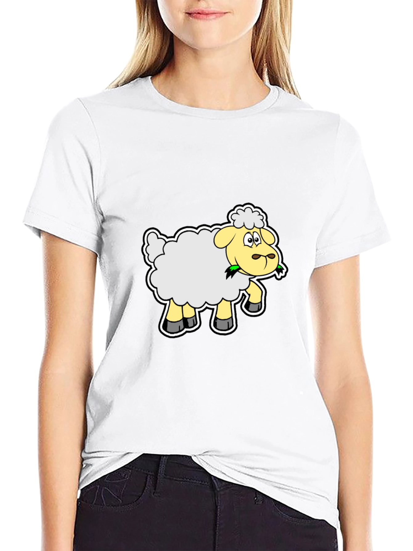 Cartoon Sheep Graphic Tee - Black Cotton Shirt