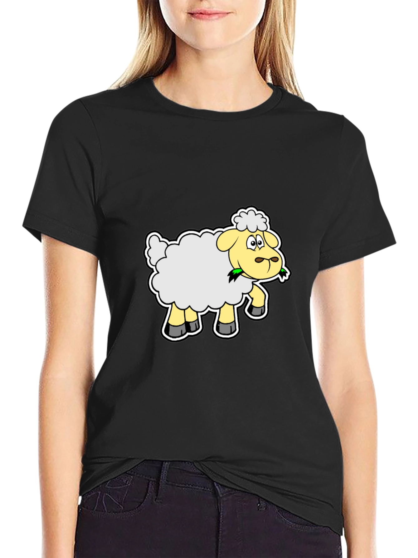 Cartoon Sheep Graphic Tee - Black Cotton Shirt