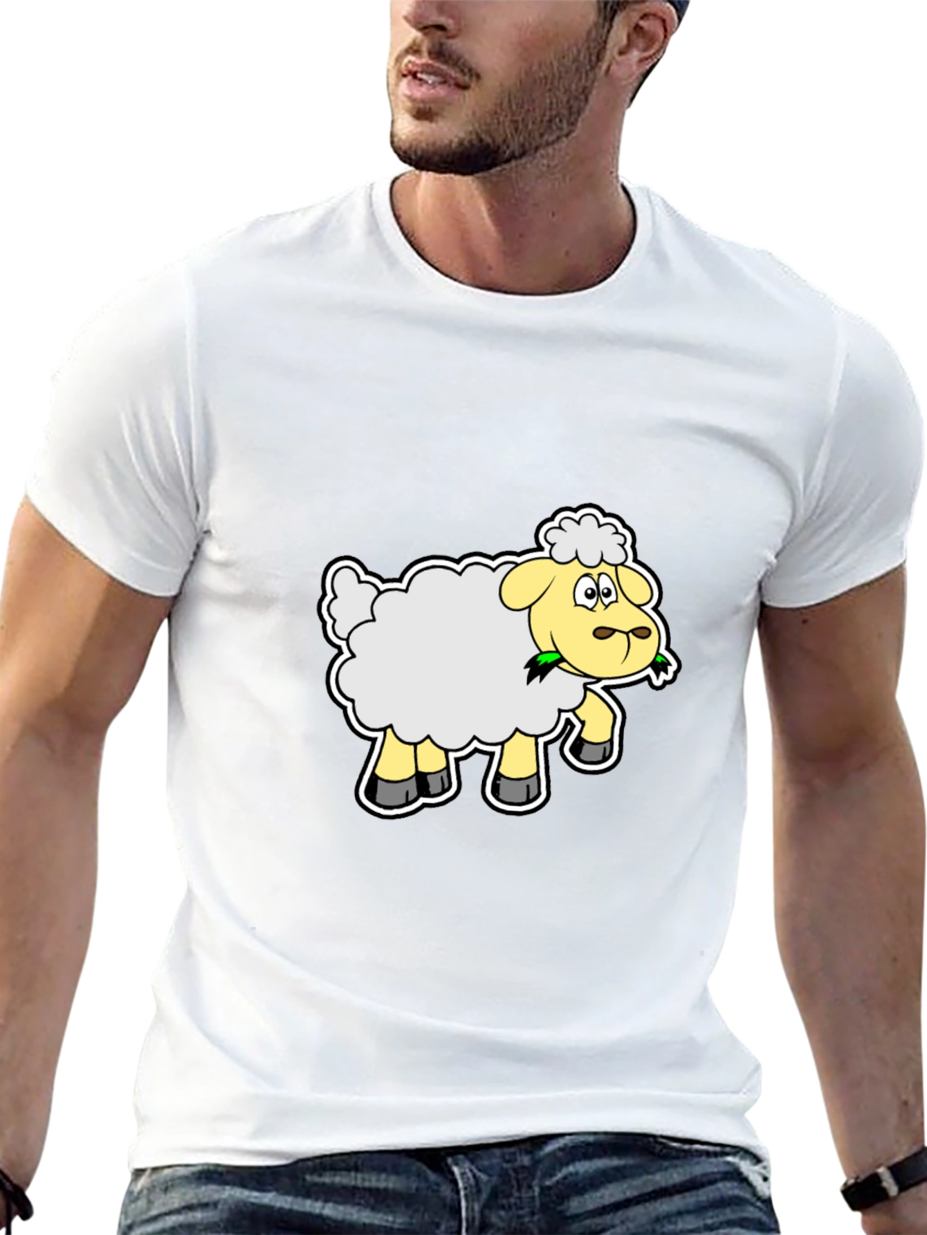 Cartoon Sheep Graphic Tee - Black Cotton Shirt