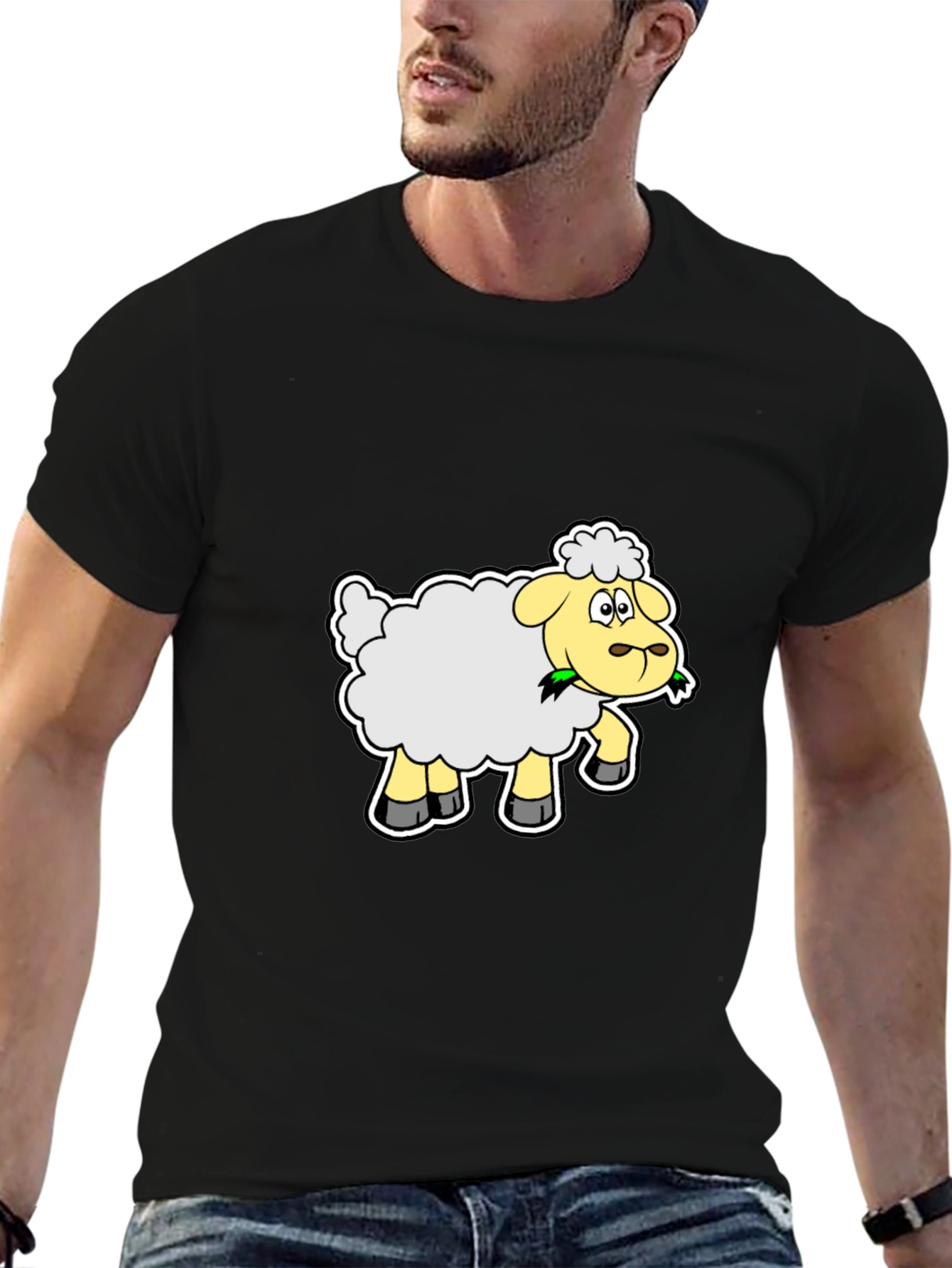 Cartoon Sheep Graphic Tee - Black Cotton Shirt