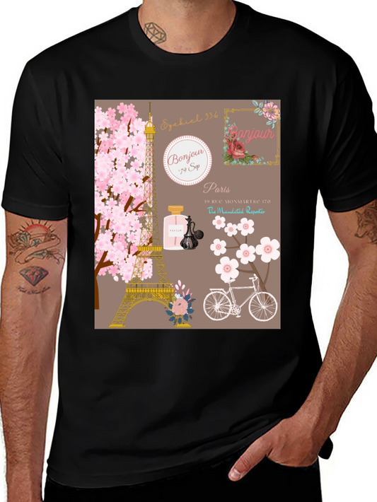 Paris Bonjour Graphic Tee - Eiffel Tower Cherry Blossom T-Shirt