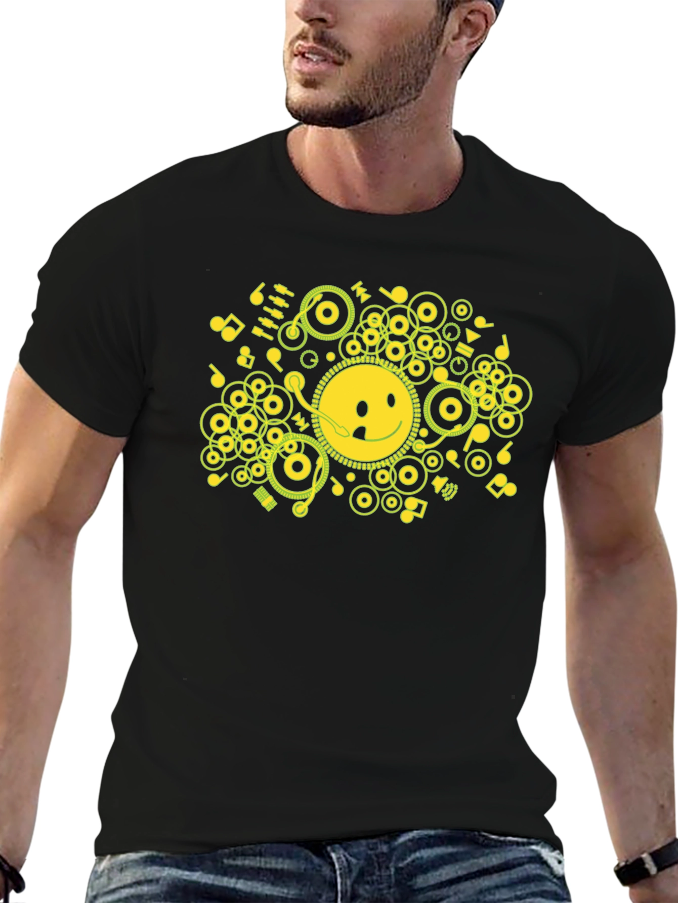 Smiley Face Music Graphic Black Tee