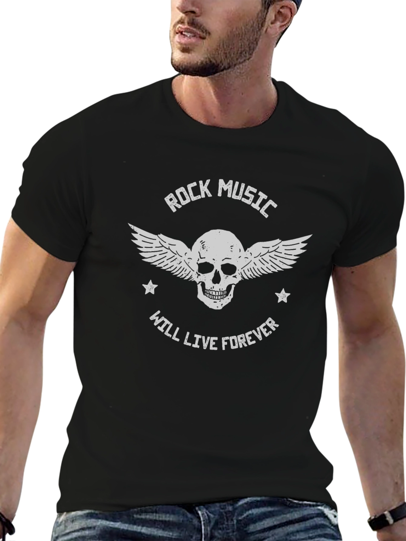Rock Music Skull Graphic Print Black T-Shirt