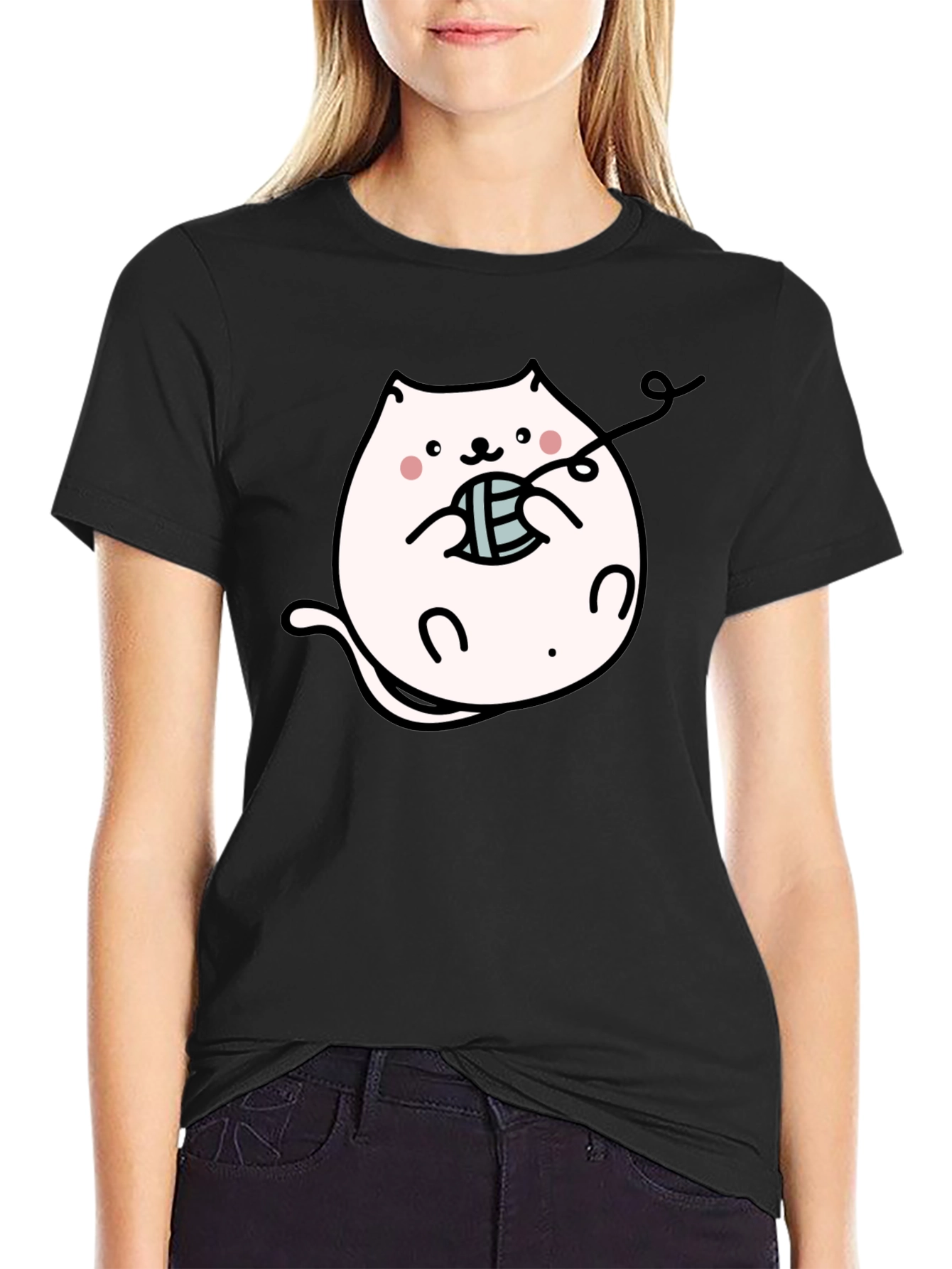Cute Kitten Yarn Black T-Shirt